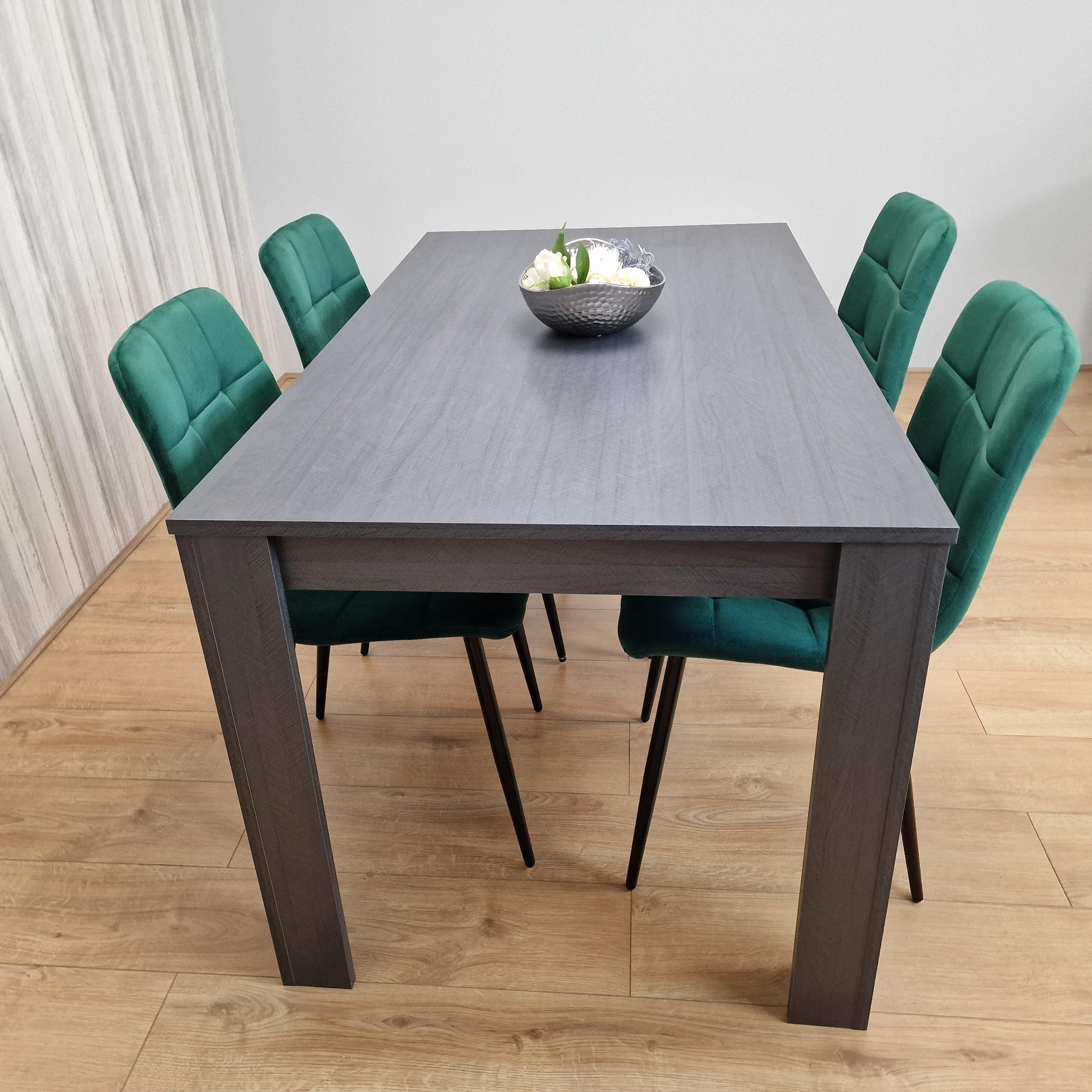 KOSY KOALA Language Grey Dining Table with 4 Green Velvet Chairs, Furniture