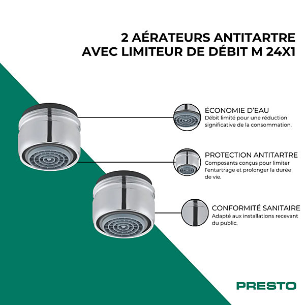 Lot de 2 aérateurs antitartre avec limiteur de débit 1,9 l/min M 24x1 PRESTO chromé