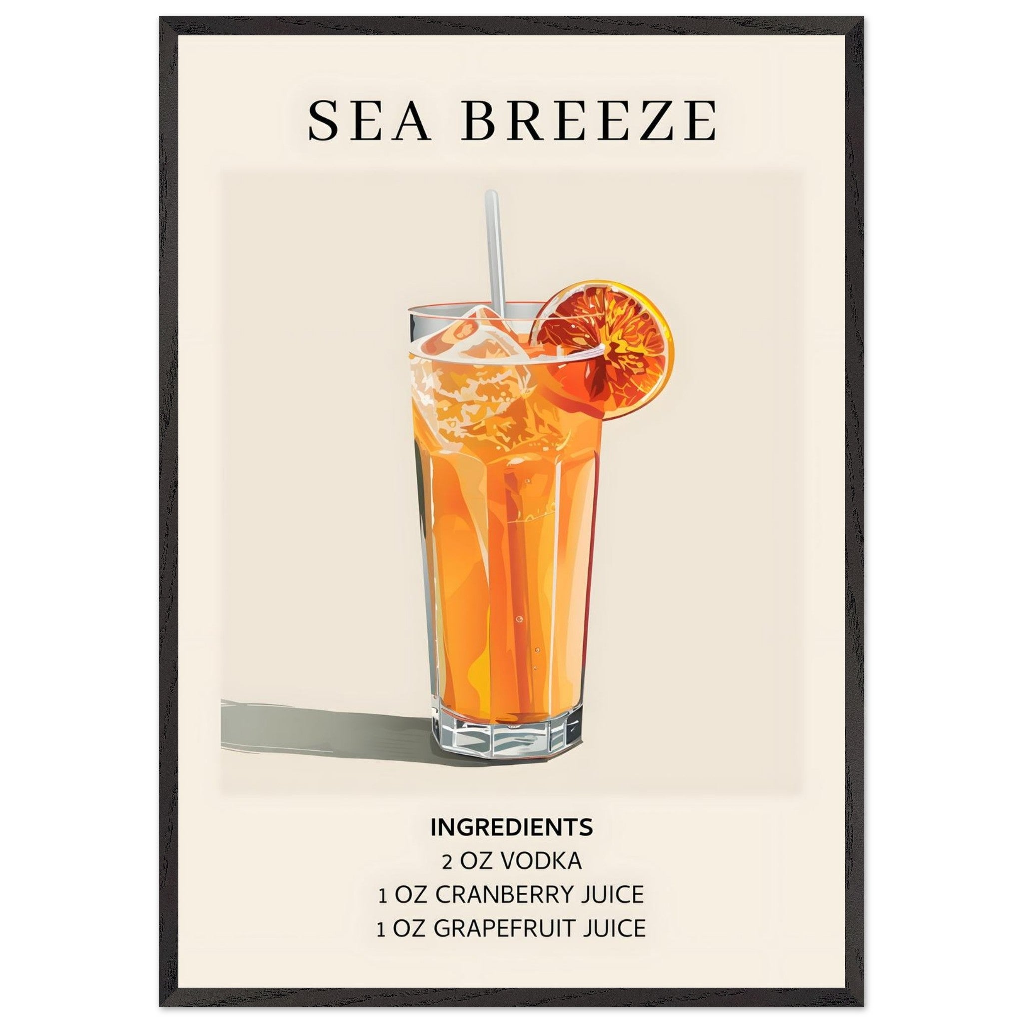 Artfulprints Poster met Lijst Sea Breeze cocktail - Ingrediënten  - 70x100 cm - Oranje