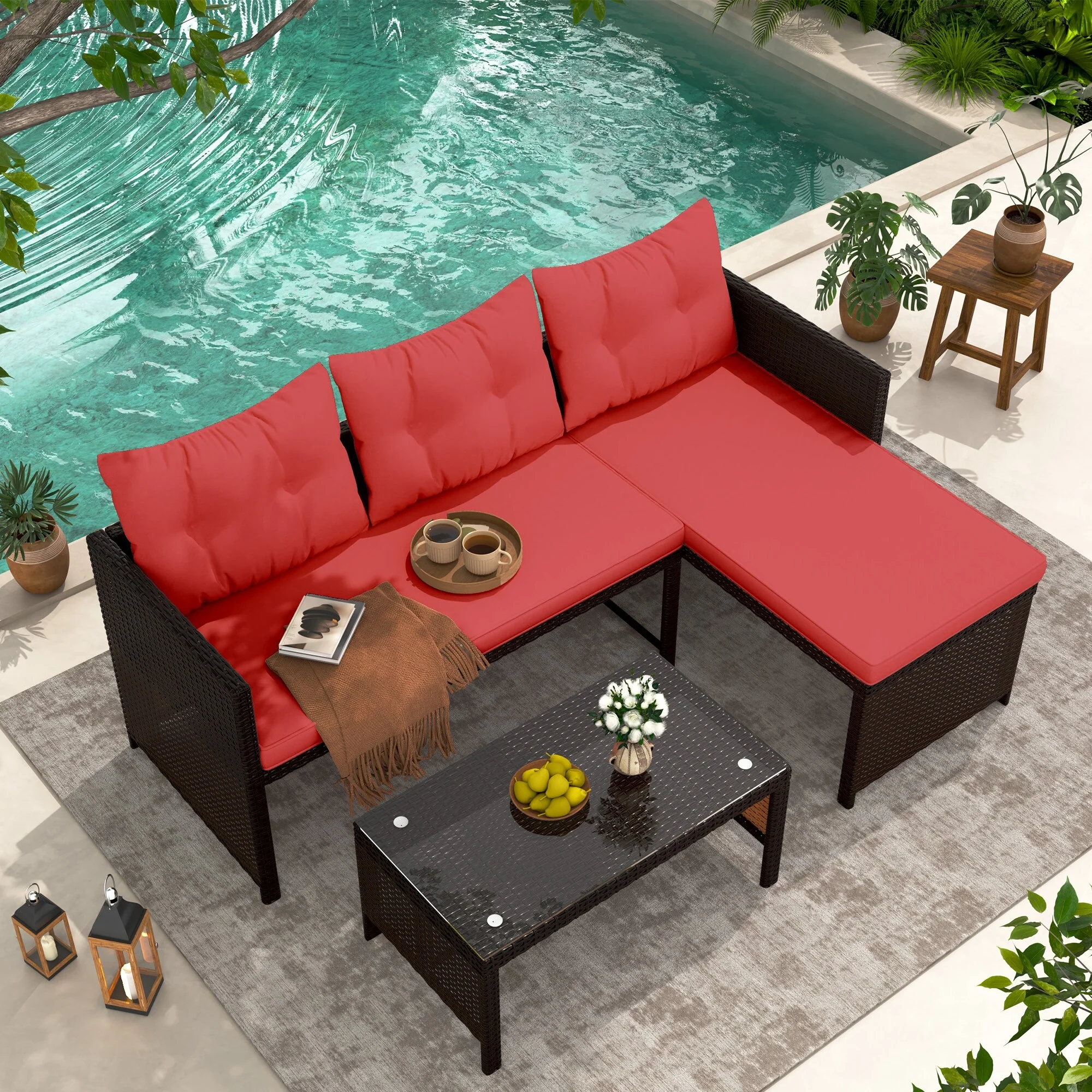 EROMMY 3-Piece Outdoor Patio Furniture Set, All-Weather PE Rattan Sofa Set with Glass Table & Cushions, Perfect for Balcony