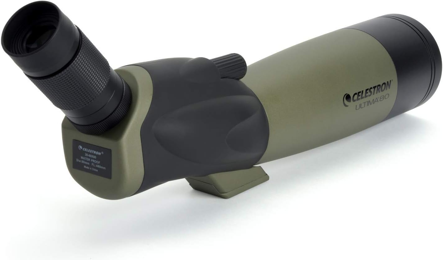 Celestron 52250 Ultima 20-60x80mm Angled Refractor Spotting Scope Telescope with Multi-Coated Optics  Waterproof Rubber Tubing and Soft Carry Case  Green