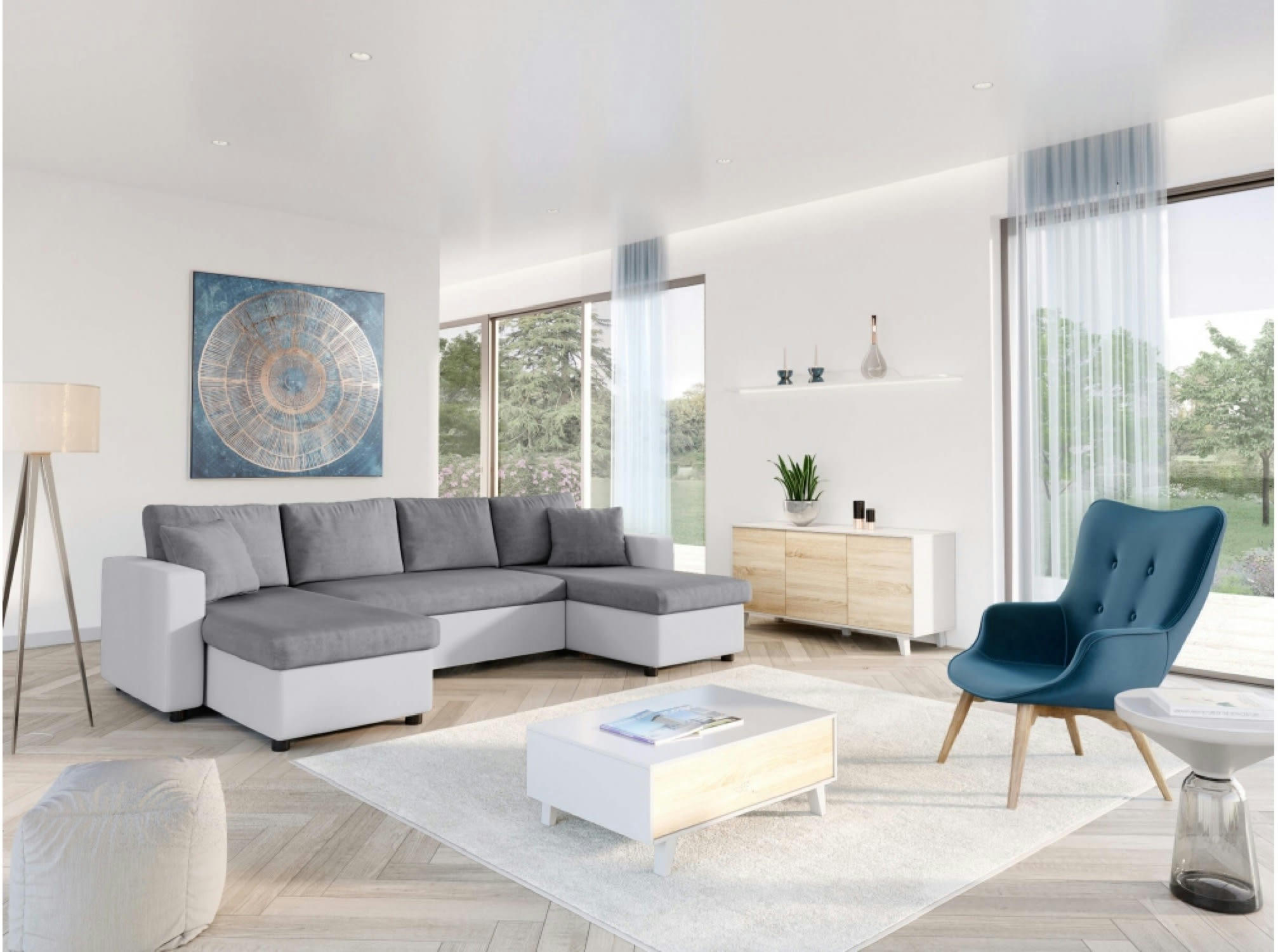 MARIA - Canapé d'angle panoramique convertible blanc et gris