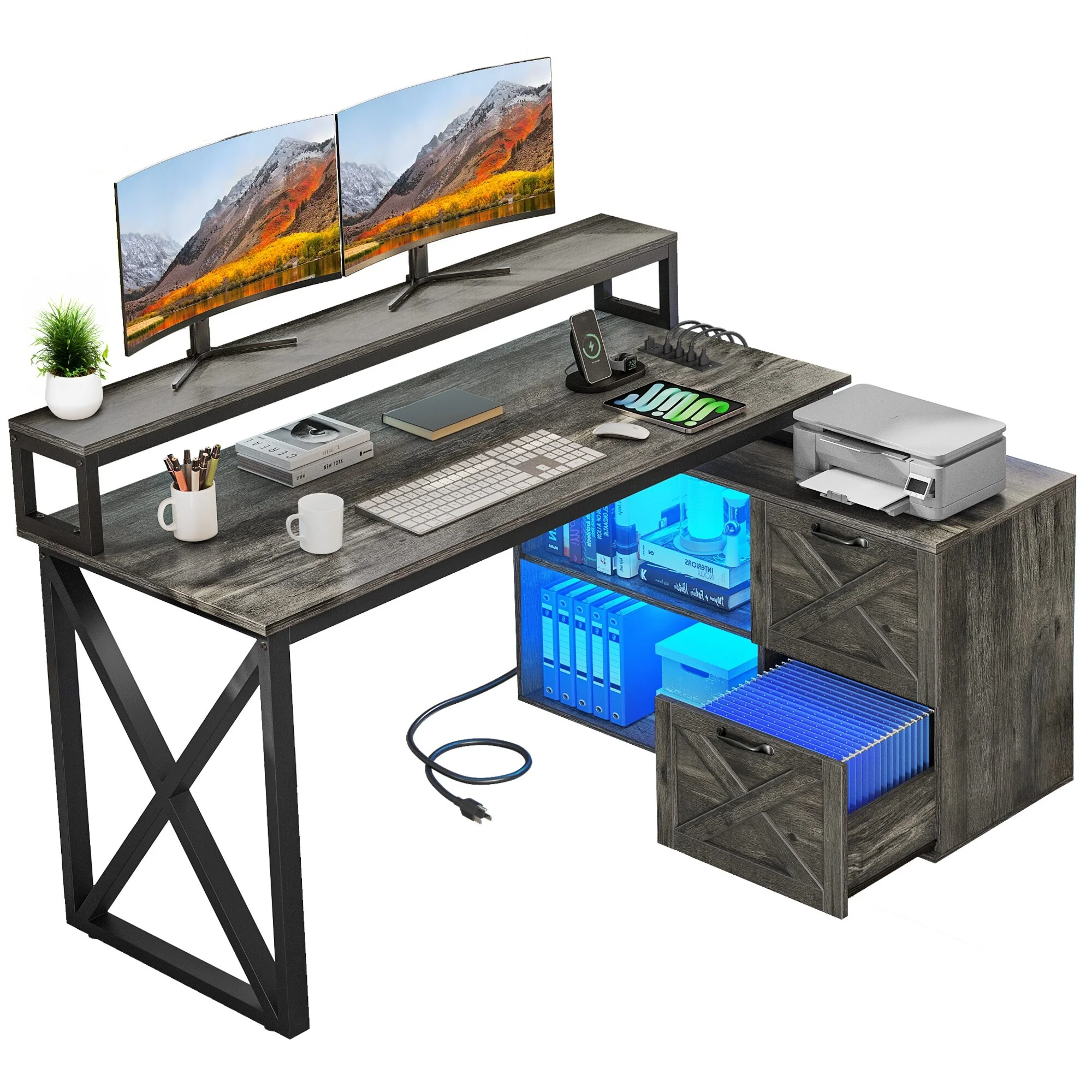 Moasis 55 Inch L-Shaped Computer Gaming Desk Executive Office Desk with Letter Size Filing Cabinet