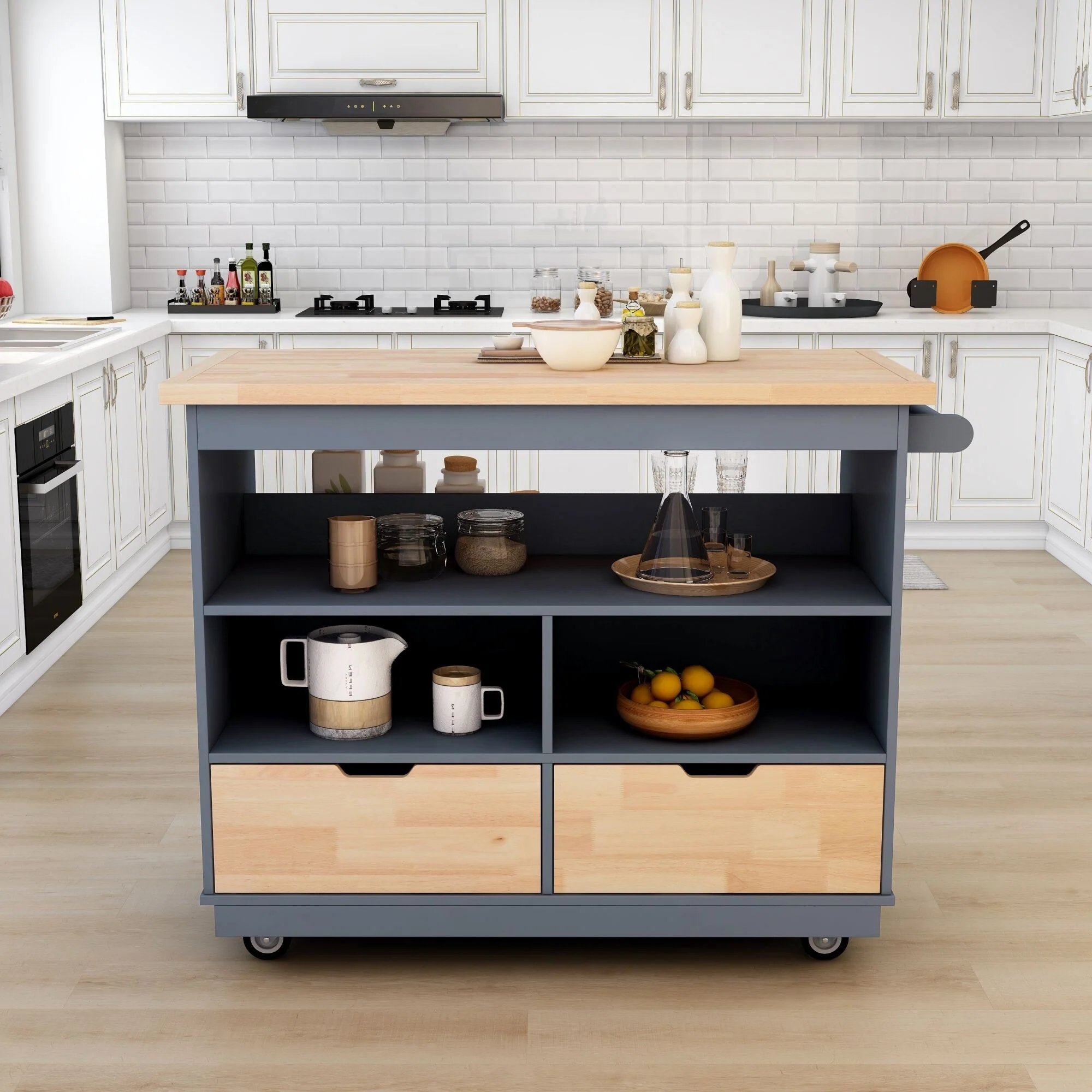 Mobile Kitchen Island Cart with Wine Holder, Spice Rack, 2 Drawers & 3 Open Compartments, Coffee Bar Table on Wheels