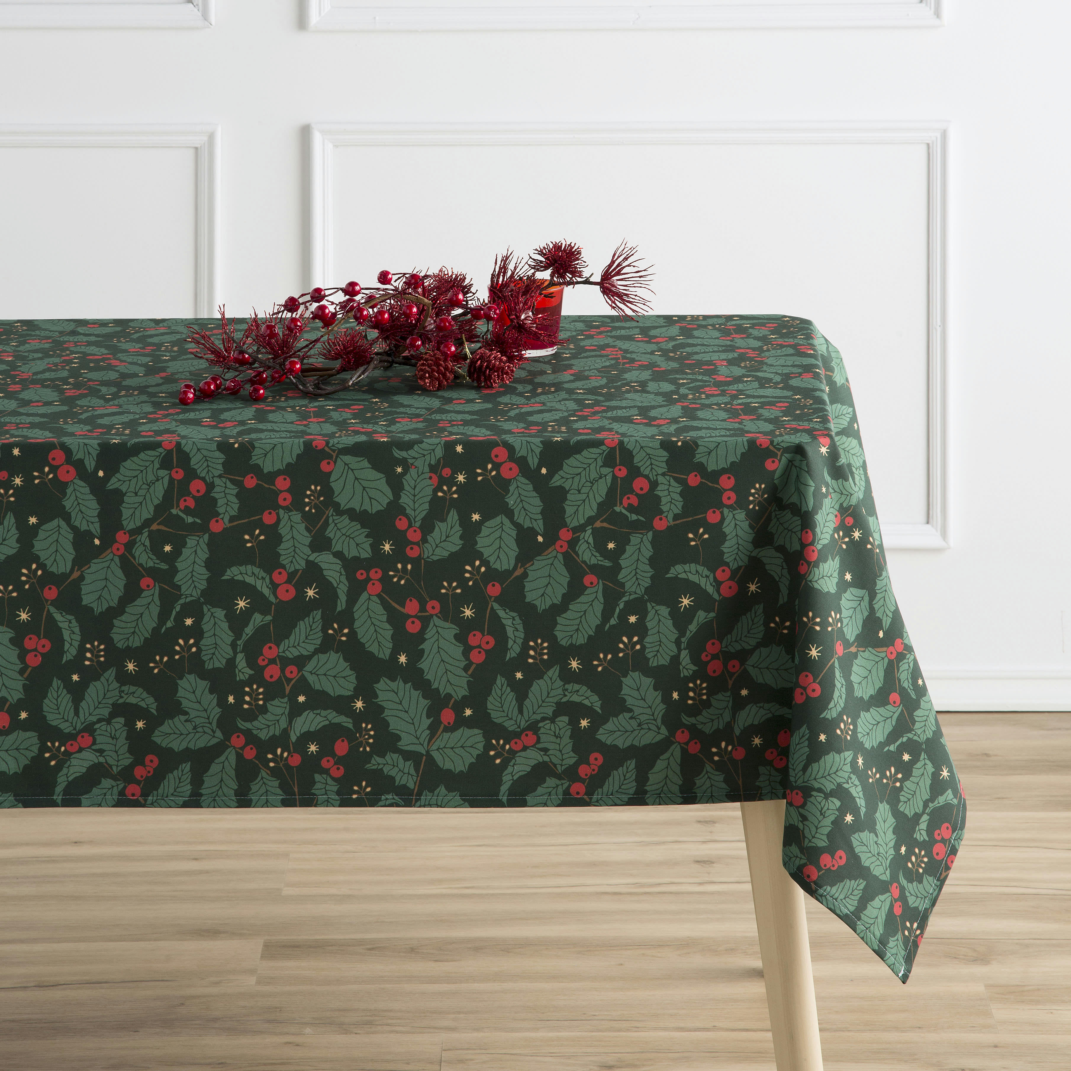 MUERDAGO VERDE - Nappe imprimée vert avec traitement anti-taches coton 140x140 cm