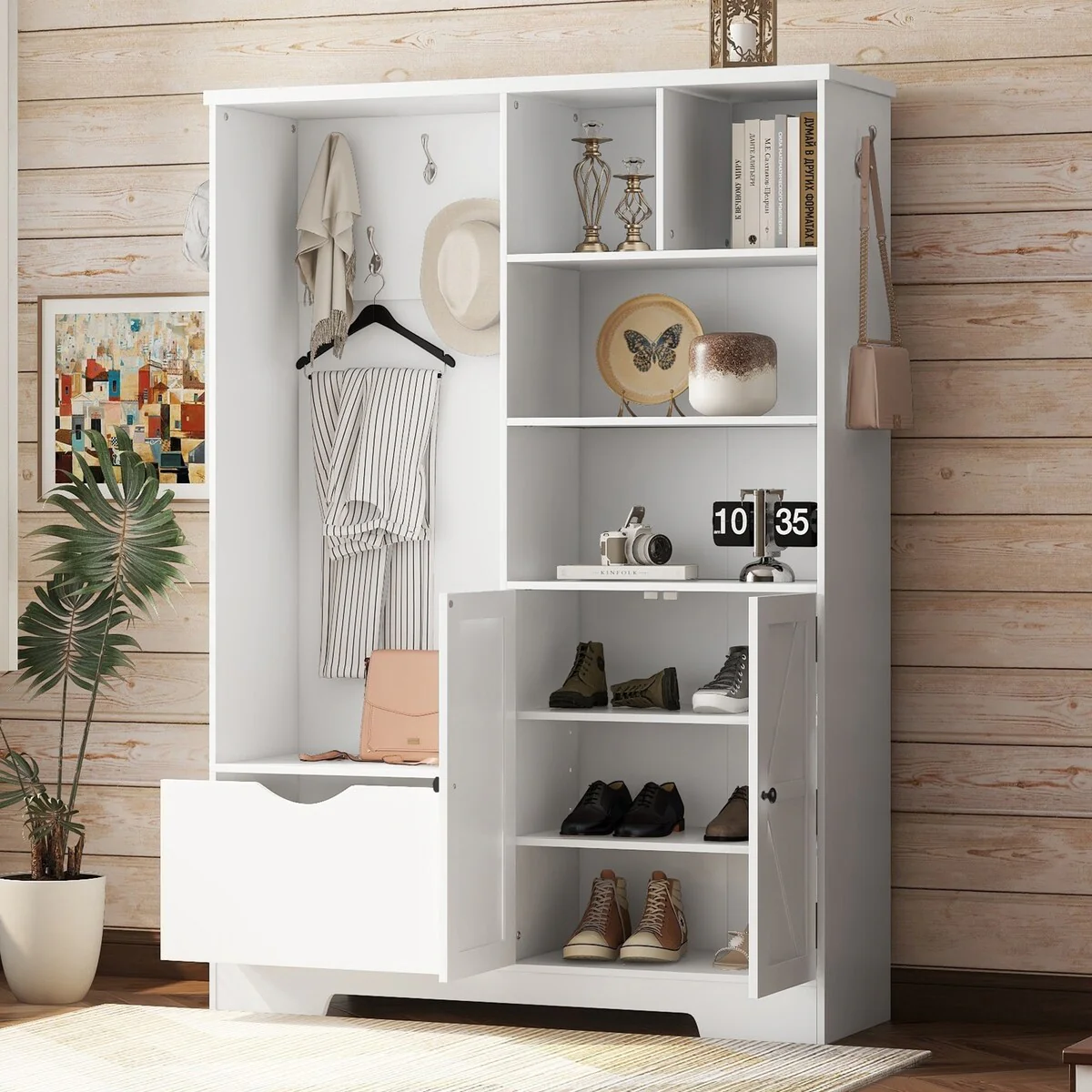 Multi-functional Hall Tree with Storage Shelves Drawers and Cabinet, Elegant Hallway Shoe Cabinet with Bench, Modern Coat Rack