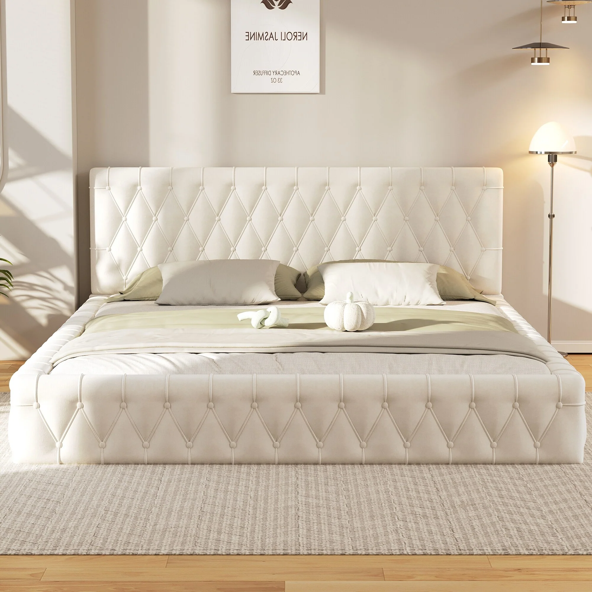 Queen Size Velvet Upholstered Platform Bed with Tufted Headboard, No Box Spring Needed