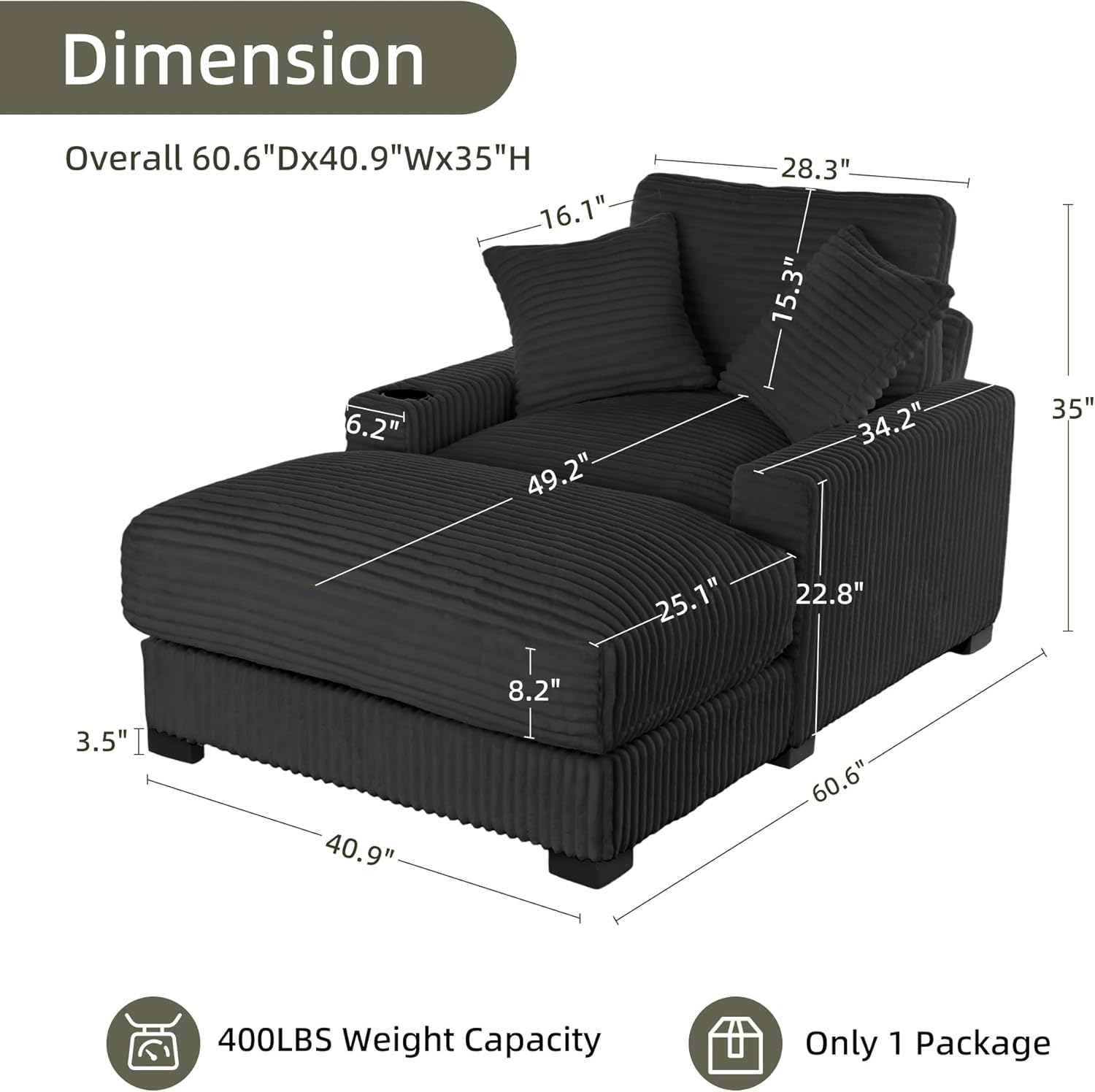 Oversized 60 Chaise Lounge Chair with Adjustable Backrest, Solid Wood Frame Corduroy Upholstery, Cup Holder USB & Type-C Port, 2 Pillows Sleeper Couch Deep Seat for Living Room, Bedroom, Black