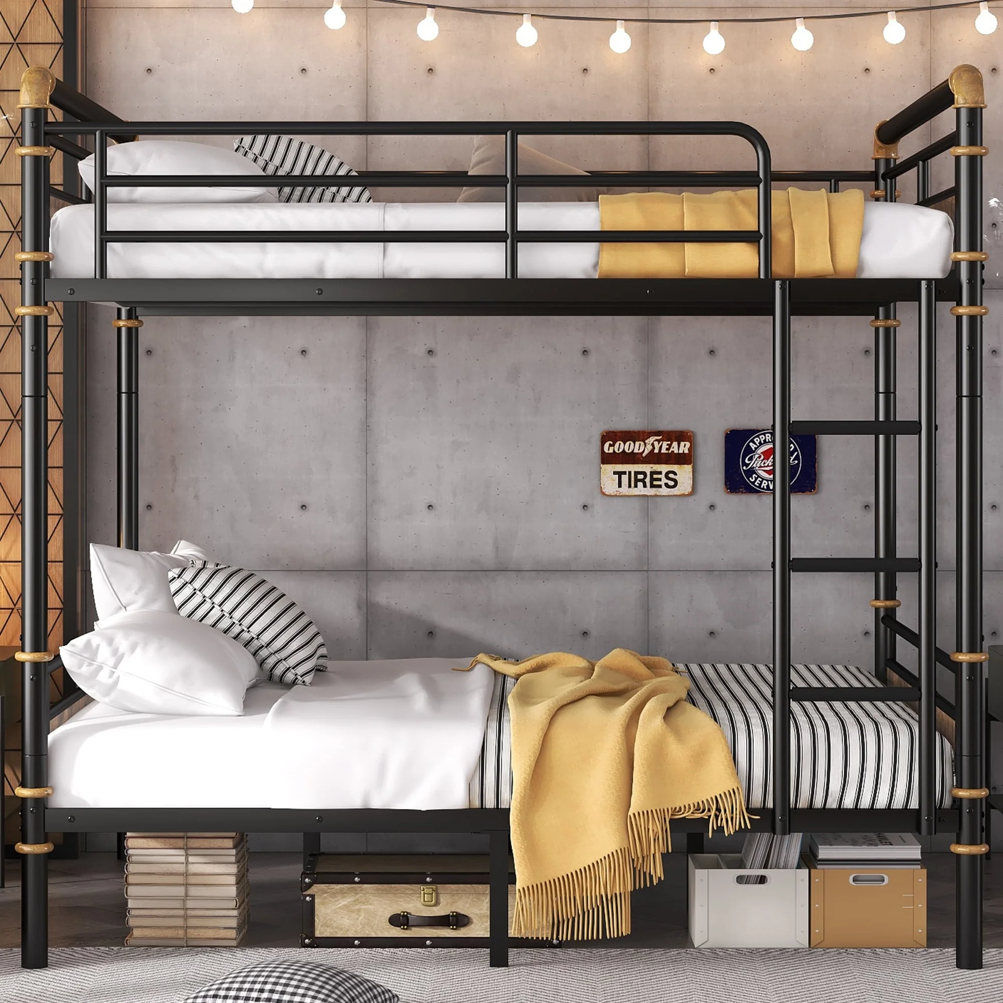 Full over Full Metal Bunk Bed, Industrial Detachable Bunkbeds with Safety Guard Rails for Teens