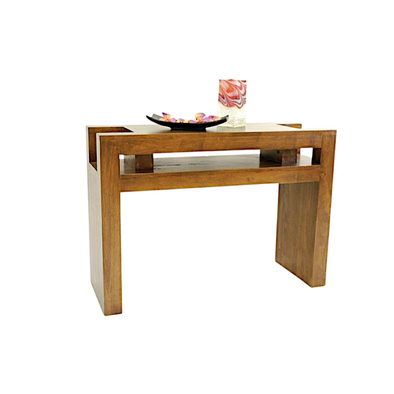 Console Hévéa 2 niches intégrées dans son double plateaux 110x40x78cm OLGA