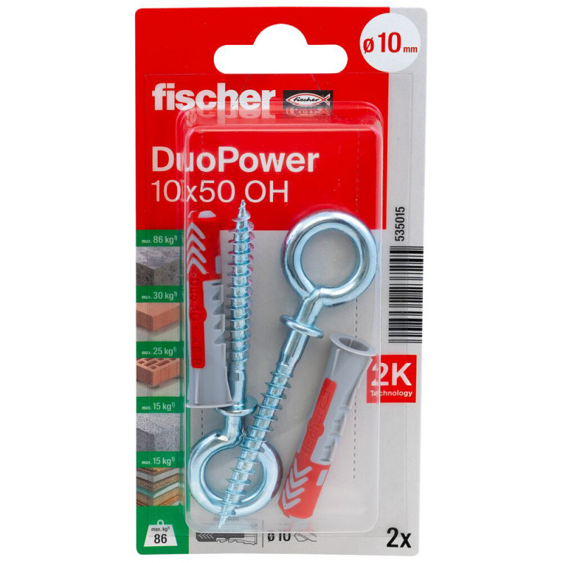 Cheville DuoPower OH en nylon avec collerette et piton Ø 10 x 50 mm 2 pièces