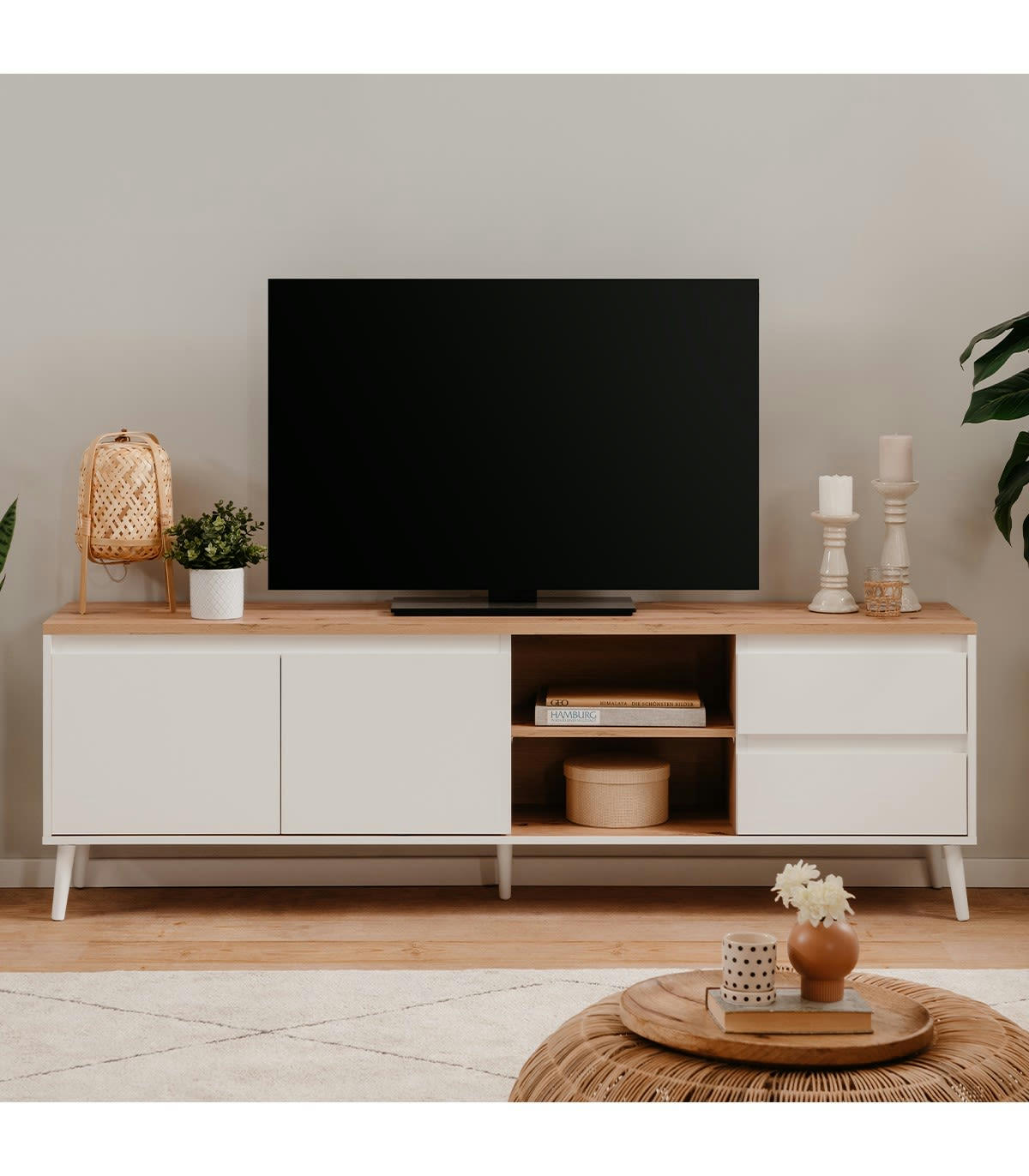 ZAMOS - Meuble TV 2 portes, 2 niches et 2 tiroirs effet bois - L186 x H59 cm