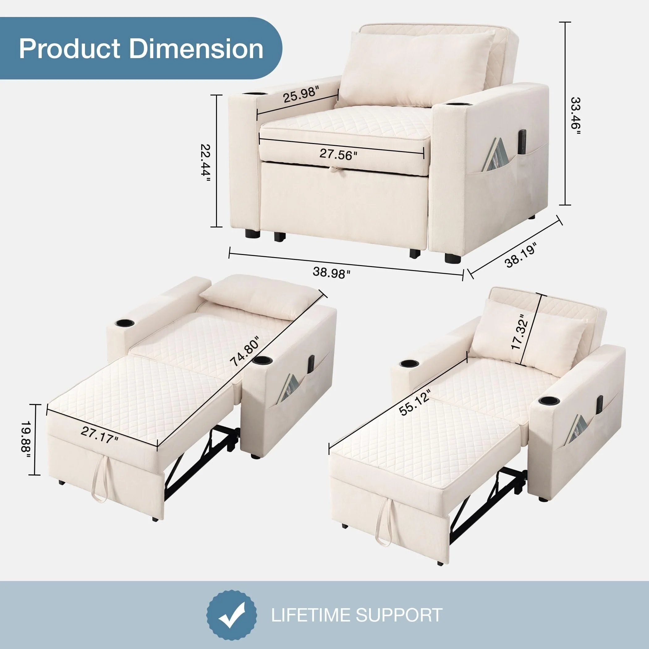 Convertible Sleeper Chair Bed with Massage and Heat Pillow, 3 in 1 Chair Bed Sleeper Multi-Functional Chair Sleeper Bed