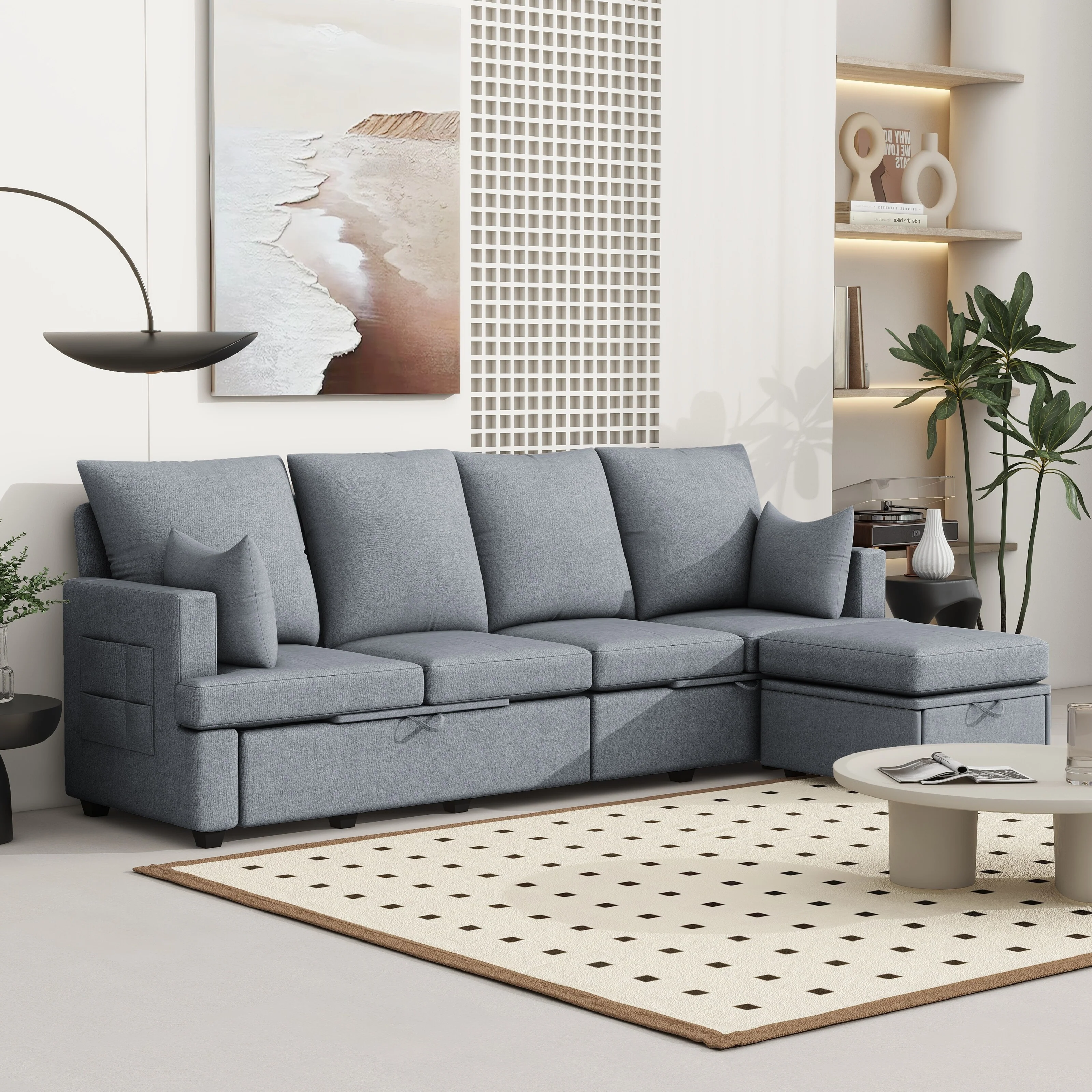 Grey 103.2'' L-Shaped 5-Seater Modular Sectional Sofa Couch with High Backrest, Memory Foam Cushions, and 2 Included Pillows