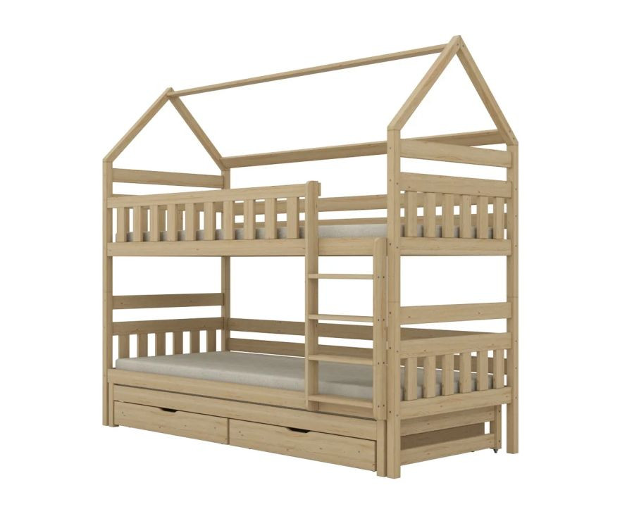 Łóżko piętrowe domek FELIKS 160x80 sosna nielakierowana 3-os. z szufladami