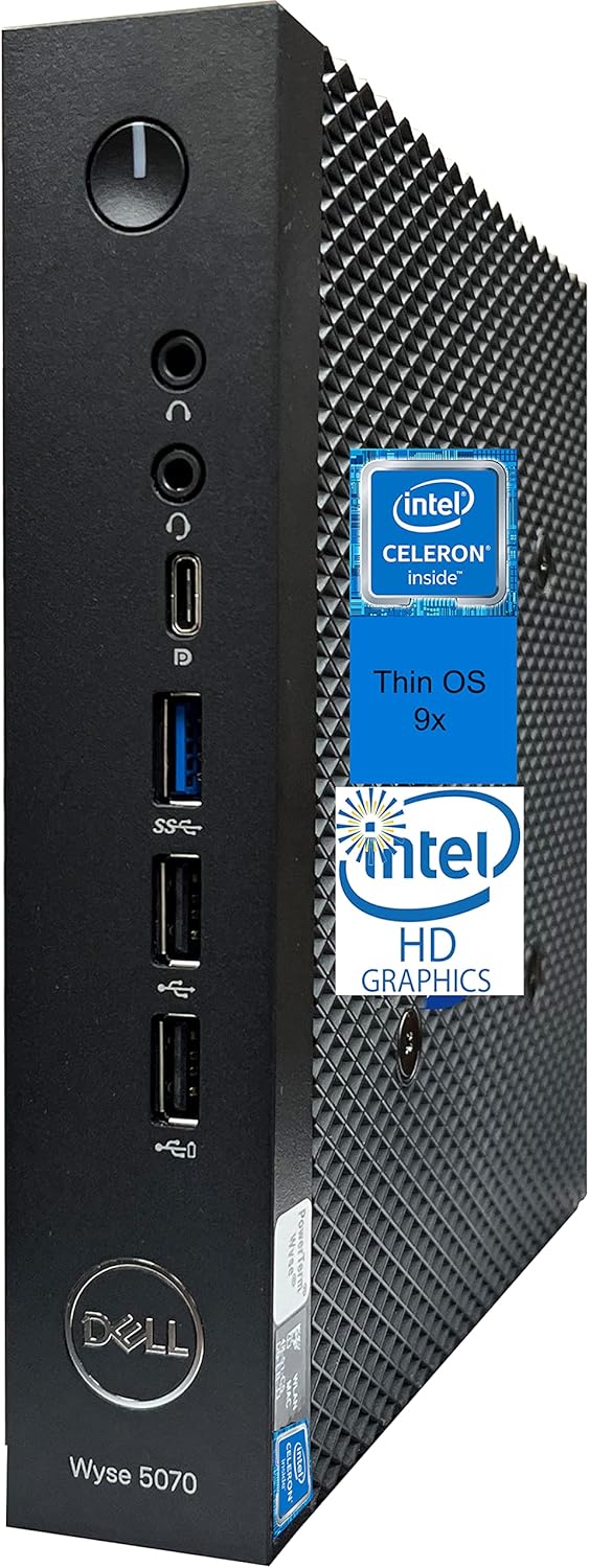 Dell Wyse 5070 Thin Client, Intel Celeron J4105 4-Core, 4GB RAM, 16GB Flash EMMC, USB C, DisplayPort 4K UHD 2-Monitor Support, Thin OS (Renewed)