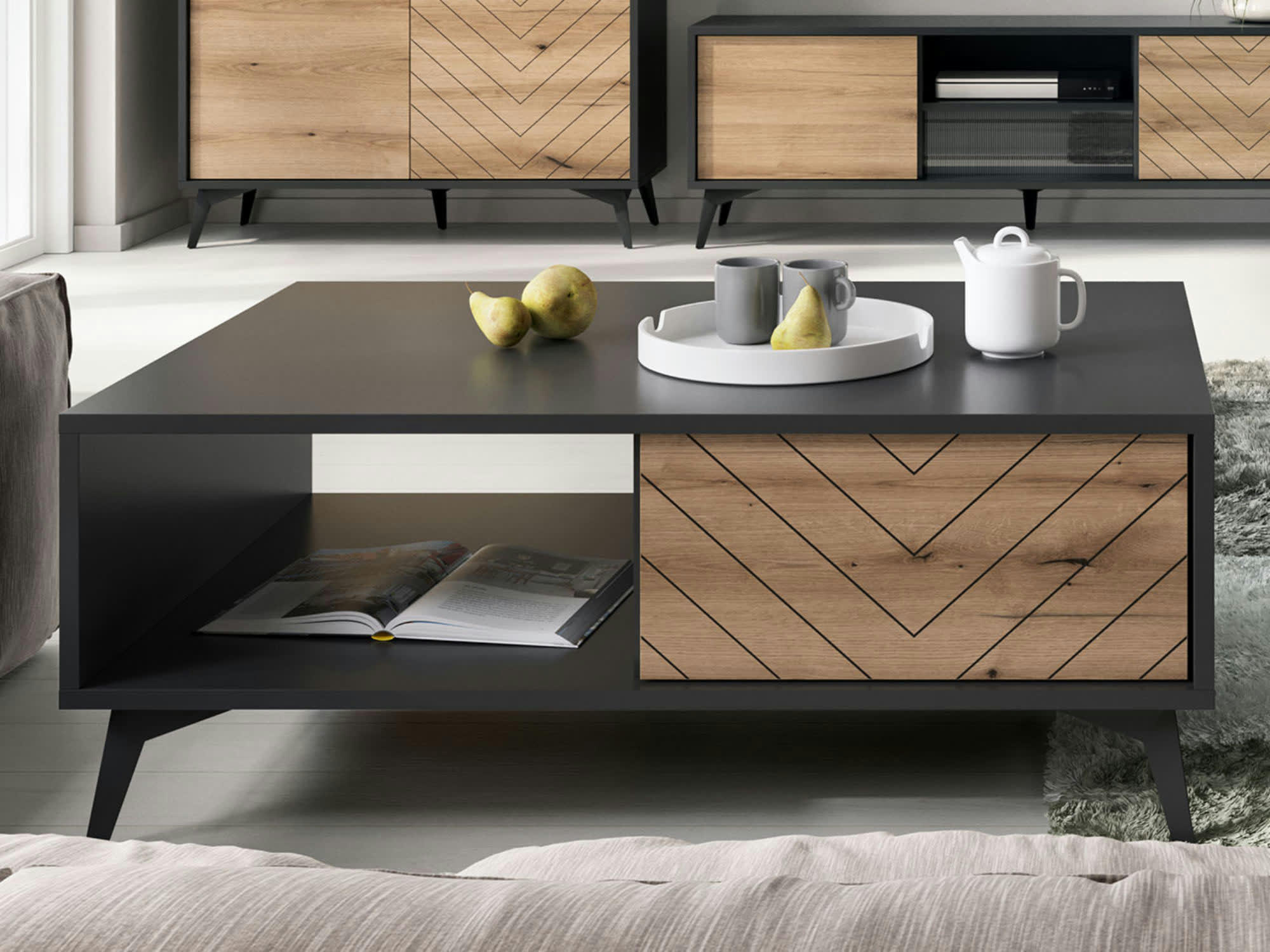 PETER - Table basse style industriel 104 cm noir / bois