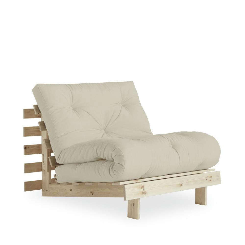 ROOTS - Fauteuil convertible 90x200cm en bois naturel et tissu beige