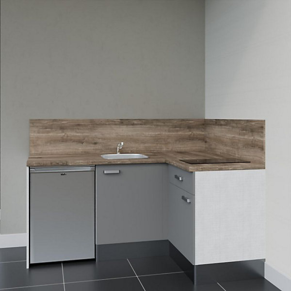 Kitchenette KA01 façades Gris - Plan de travail Bois - Crédences : Oui - Evier inox - Electroménager Inox inclus