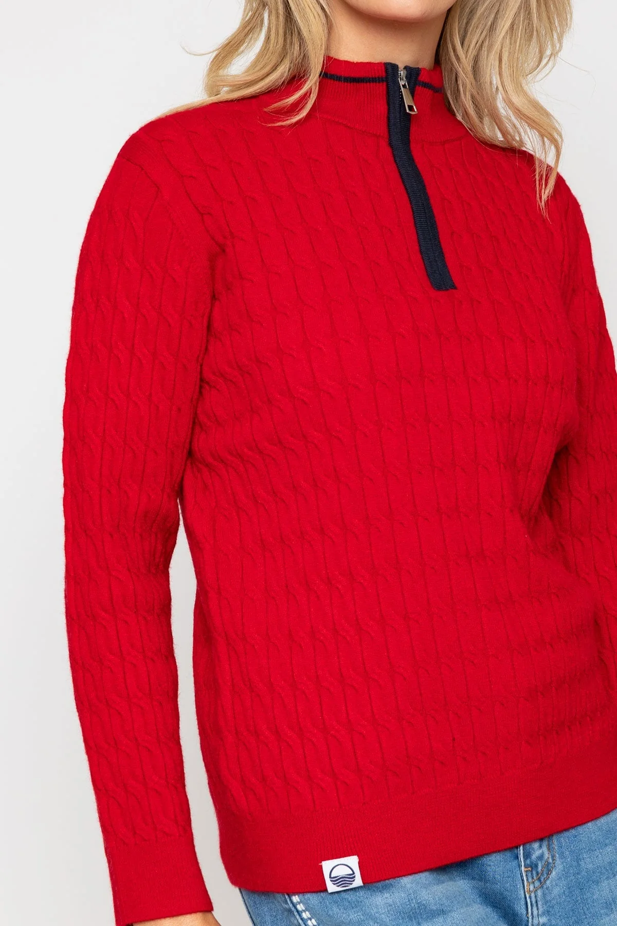 Red Cable Knit Half Zip Sweater
