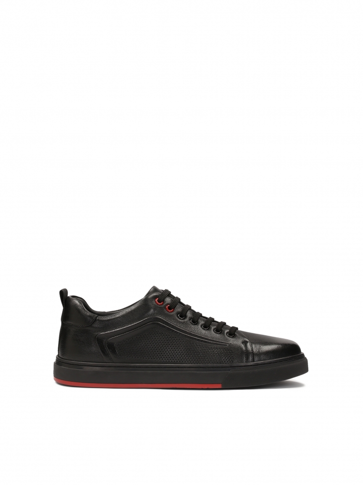 Leather black sneakers with perforation and red insert