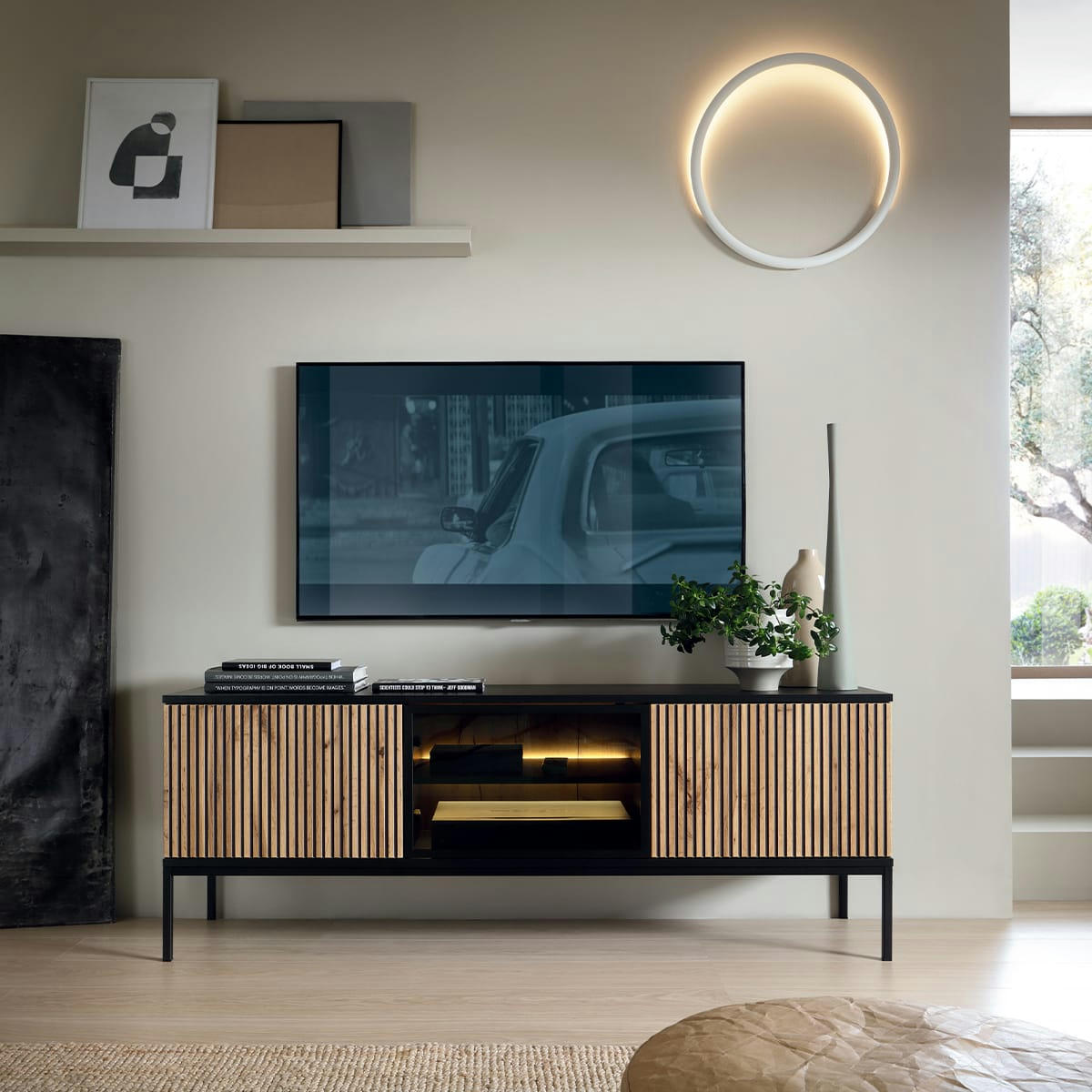 - Meuble tv 3 portes led noir et naturel