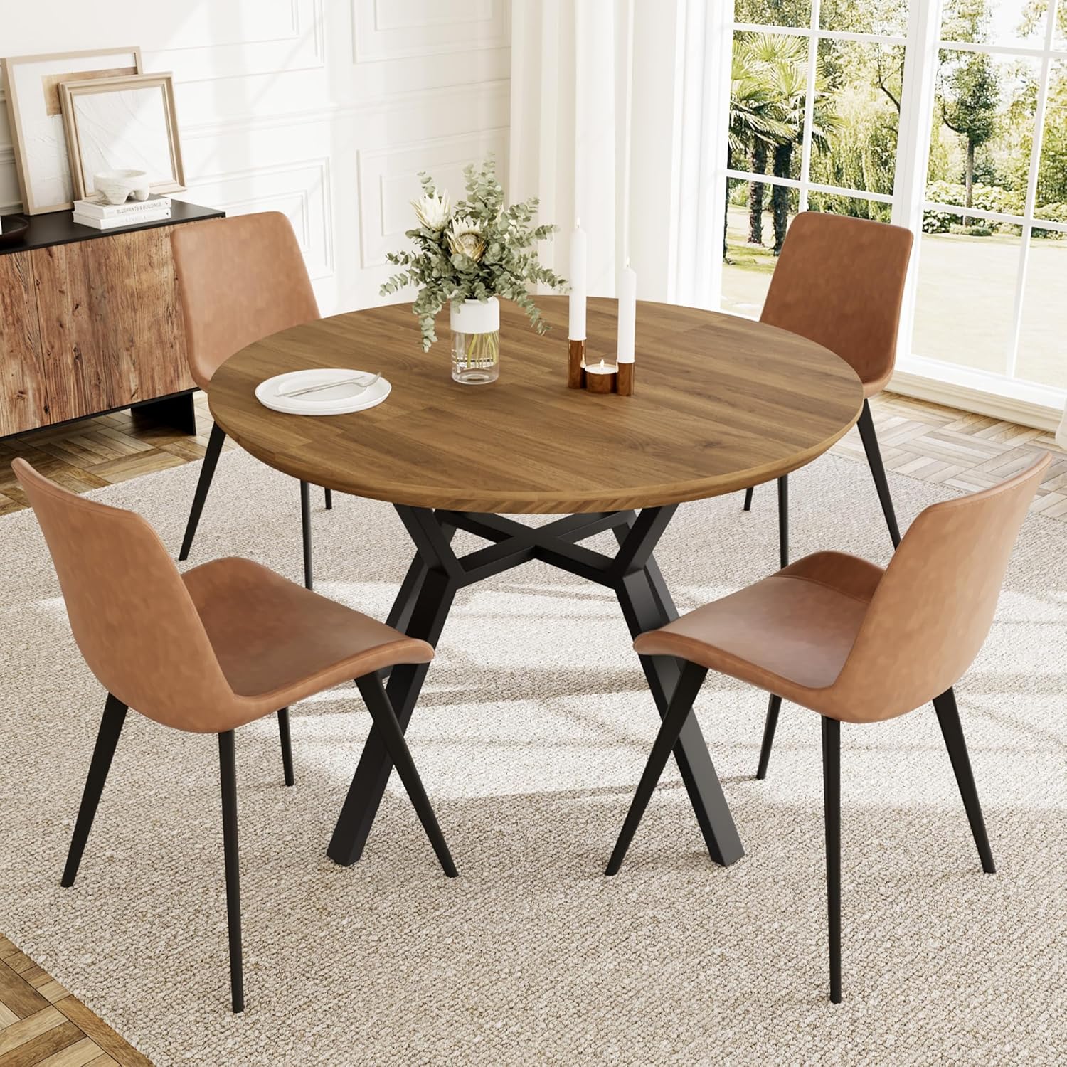 Extendable Round Dining Table Set for 4-6 People, 43.3-59.1 Extendable Kitchen Table with 4 Upholstered Chairs, Space Saving for Kitchen Dining Room (Walnut Table+4 Brown Chairs)