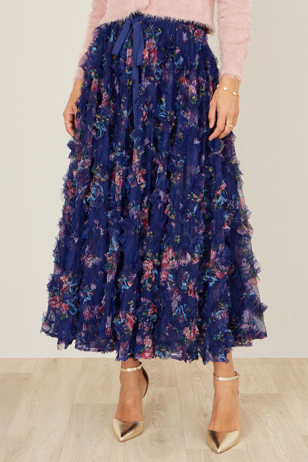 Yumi Floral Ruffle Mesh Midi Skirt