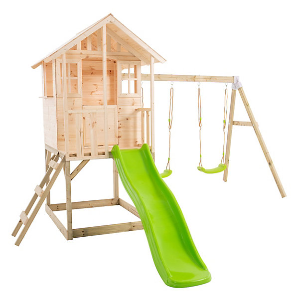 Maisonnette sur pilotis, glissière, 2 balançoires BASILIC en bois