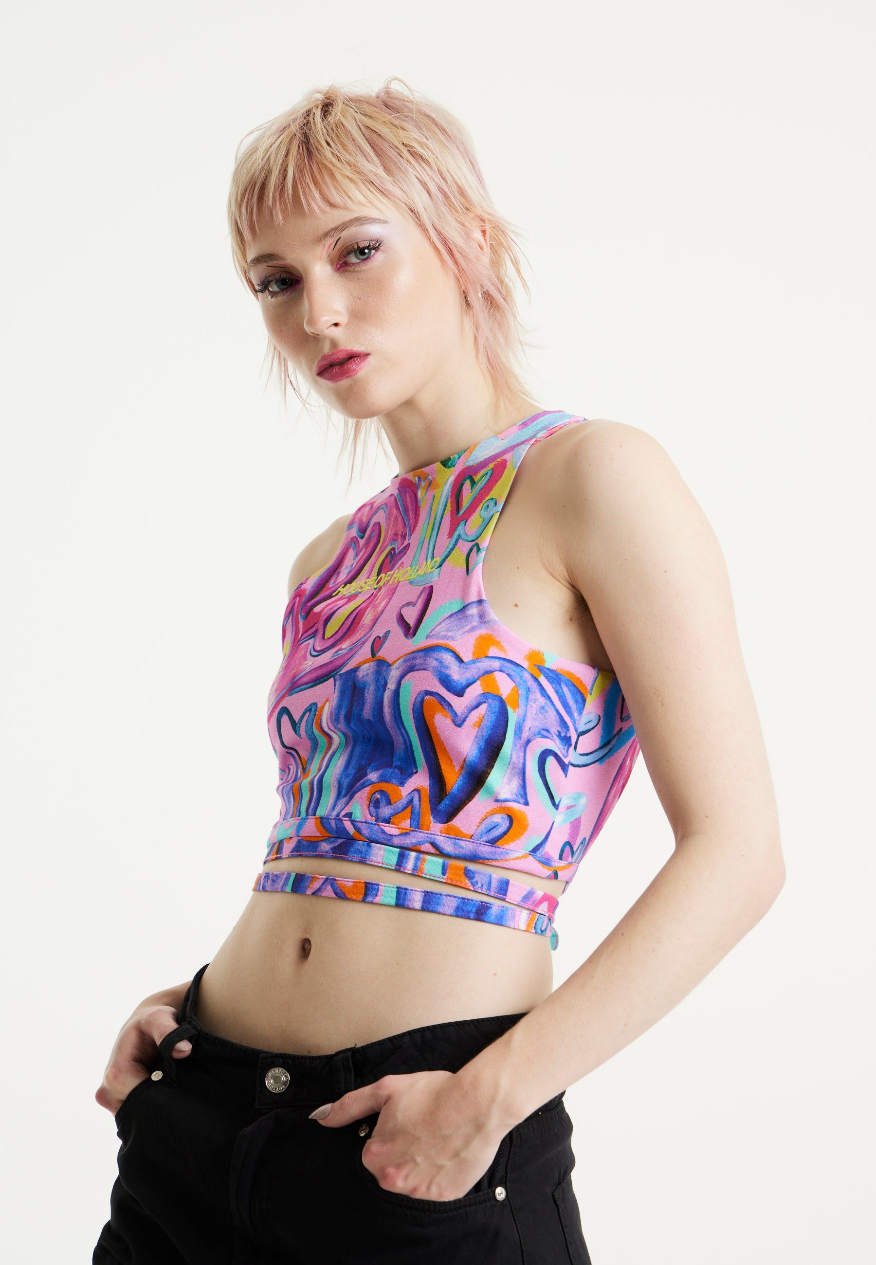 House of Holland Heart Printed Jersey Top With Open Back