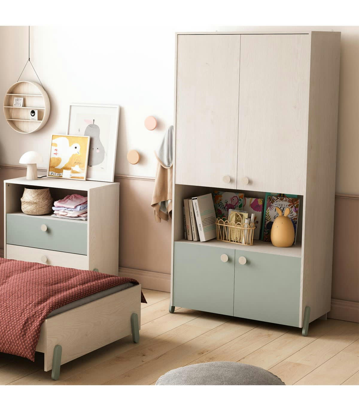 ILIAN - Armoire Enfant 4 Portes avec penderie, Décor bois et vert - L89 cm