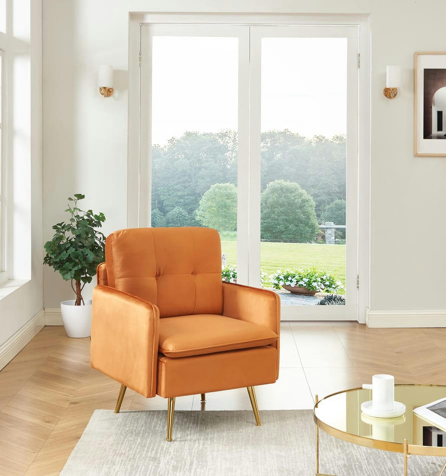 ADAM - Fauteuil  velours rouille avec piètement en métal doré