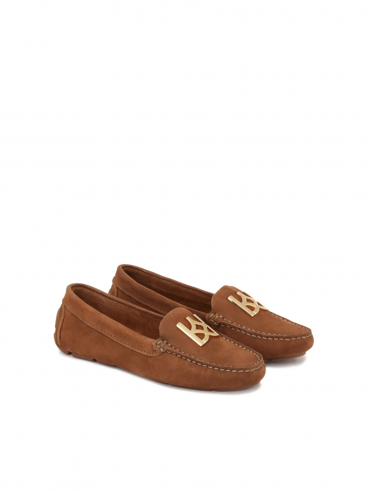 Brown moccasins with large metal monogram KAZAR