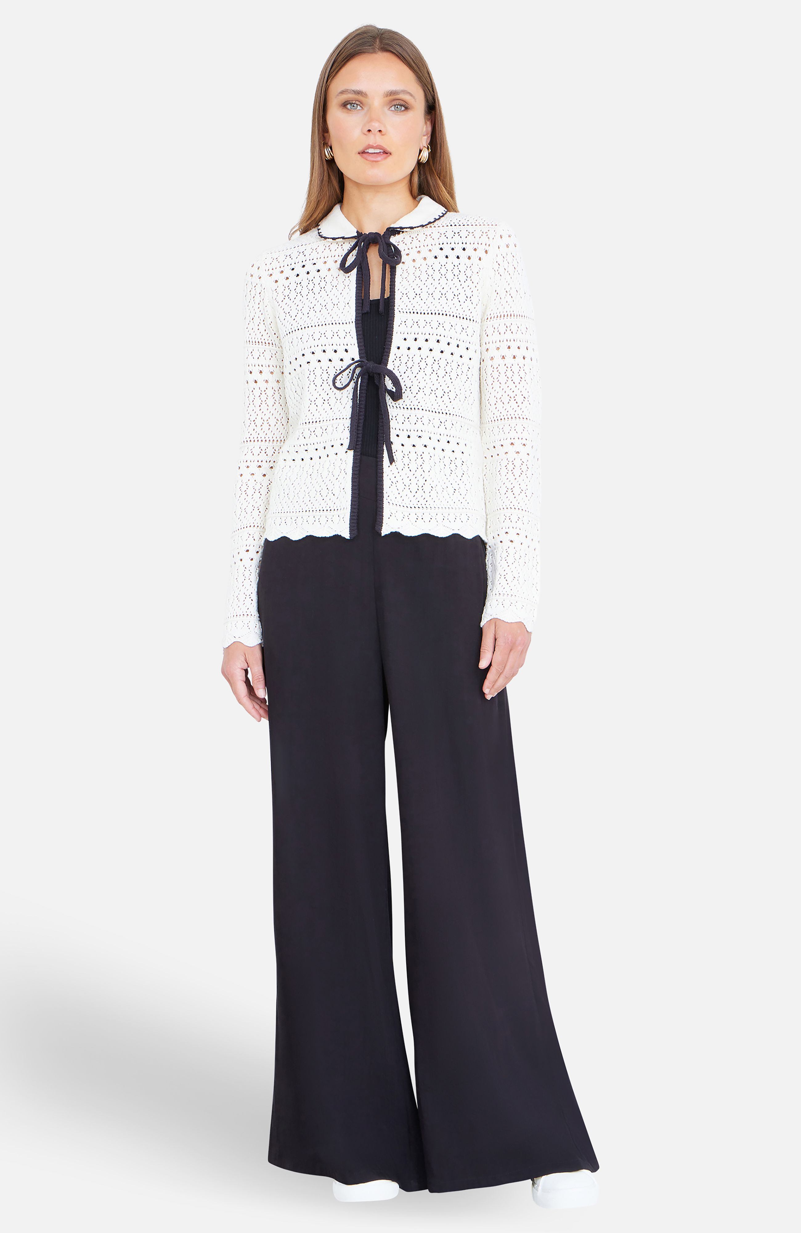 Yumi Ivory Crochet Knitted Cardigan With Peter Pan Collar