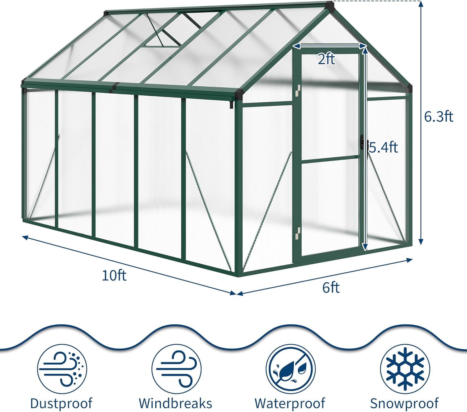 6 x 10 ft Greenhouse  Greenhouses for Outside  Polycarbonate Greenhouse with Aluminum Frame  Lockable Door and Ajustable Roof Vent for Backyard  Green Houses for Outside Garden Backyard  Patio