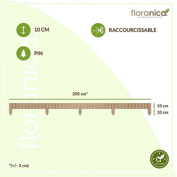 Floranica Bordure de jardin en bois flexible 10 x 200 cm Non-traité avec piquets, idéale pour délimiter pelouse et massifs de fleu
