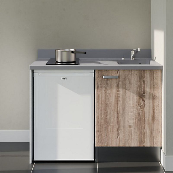 Kitchenette K08 - 120 cm - façades Bois - Plan monobloc en quartz coloris Cromo évier à droite - Electroménager Blanc