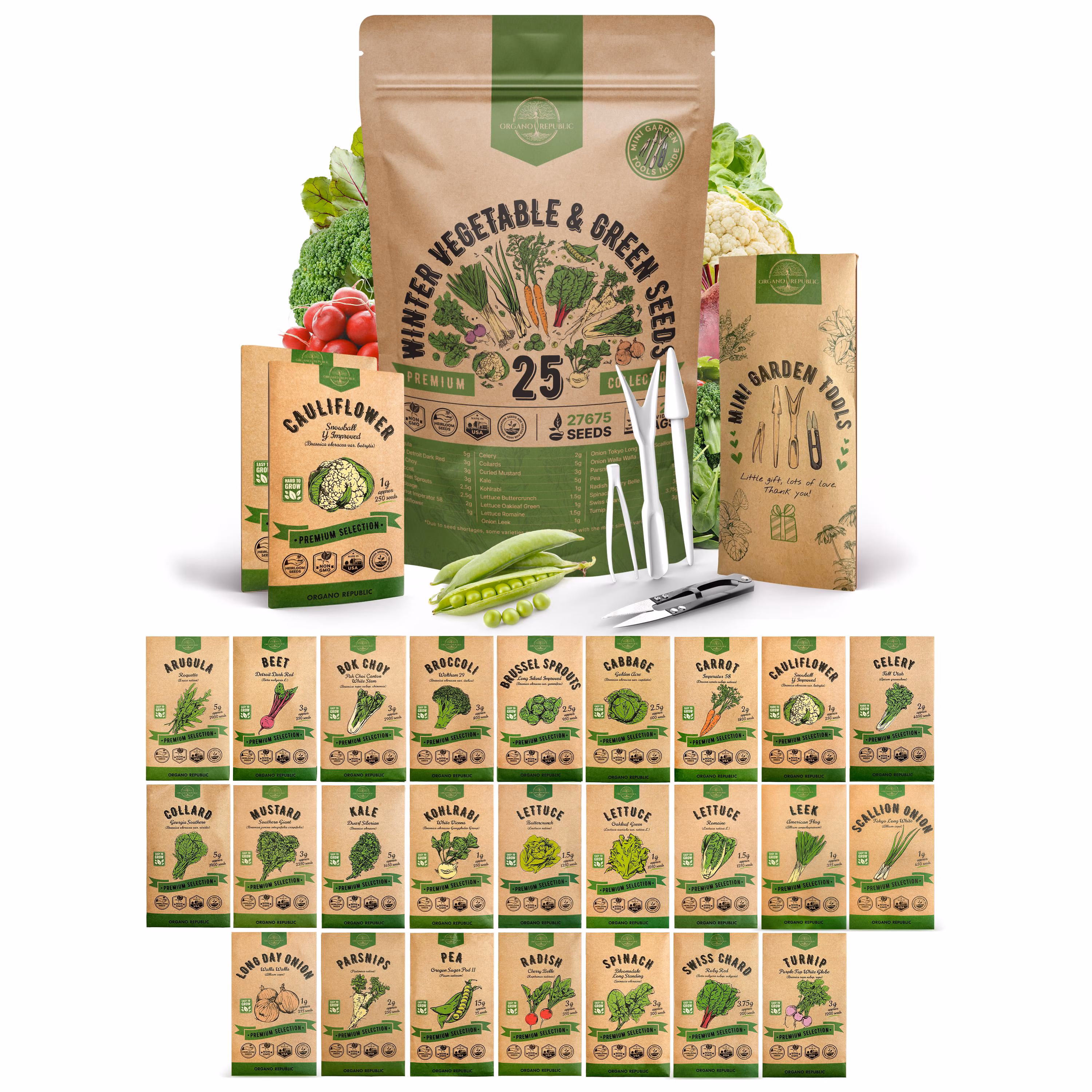25 Winter Vegetable & Green Seeds Variety Pack for Outdoors and Indoor Home Gardening 27,600+ Non GMO Heirloom Seeds