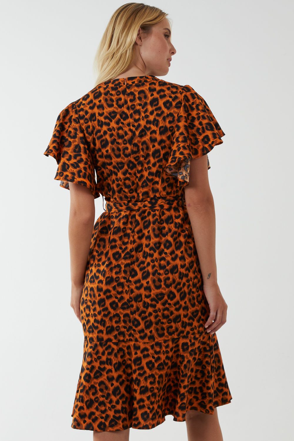 Blue Vanilla Leopard Print Ruffle Wrap Midi Dress