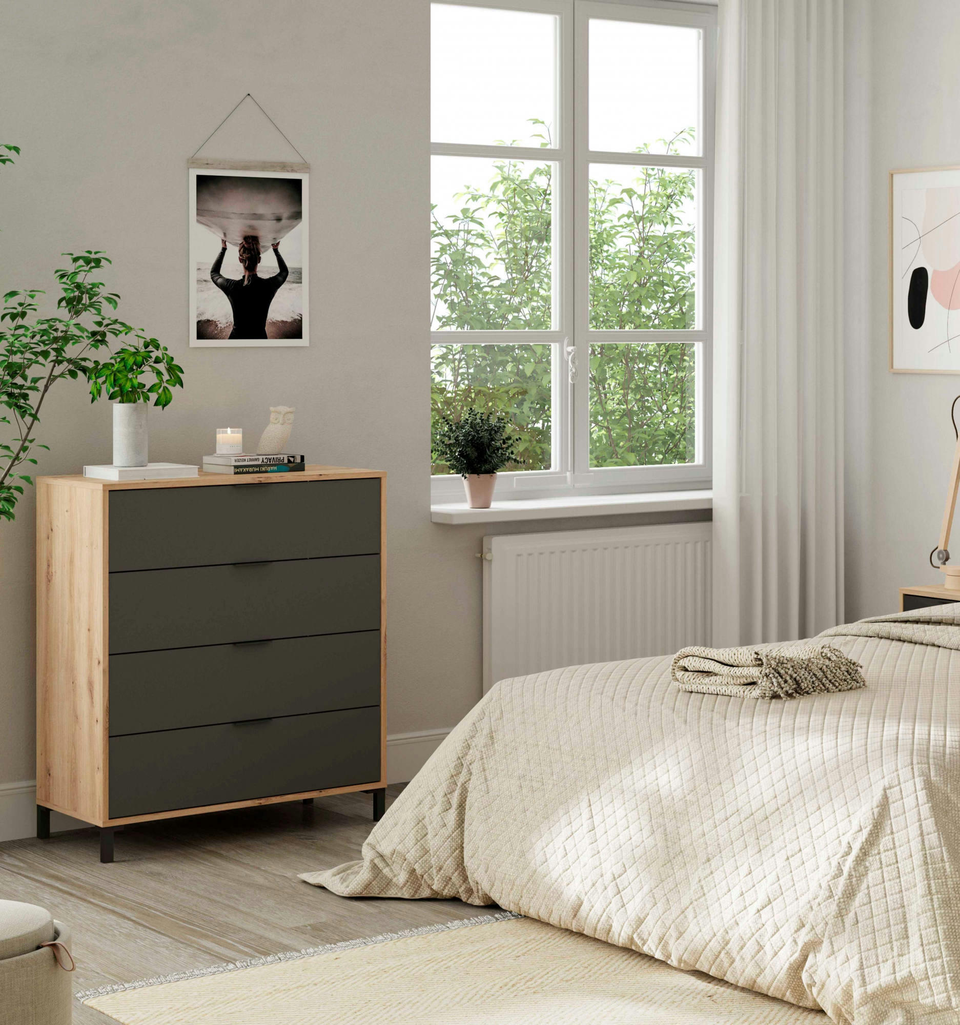 DMANIERO - Commode 4 tiroirs effet chêne noué et bois anthracite