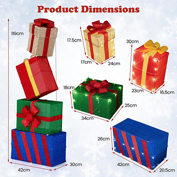 120 cm Boîtes CadeauxDécorations de Noel Lumineuses avec 48 LED, Nœuds, Empilées pour Cour, Porche, Jardin, Cheminée