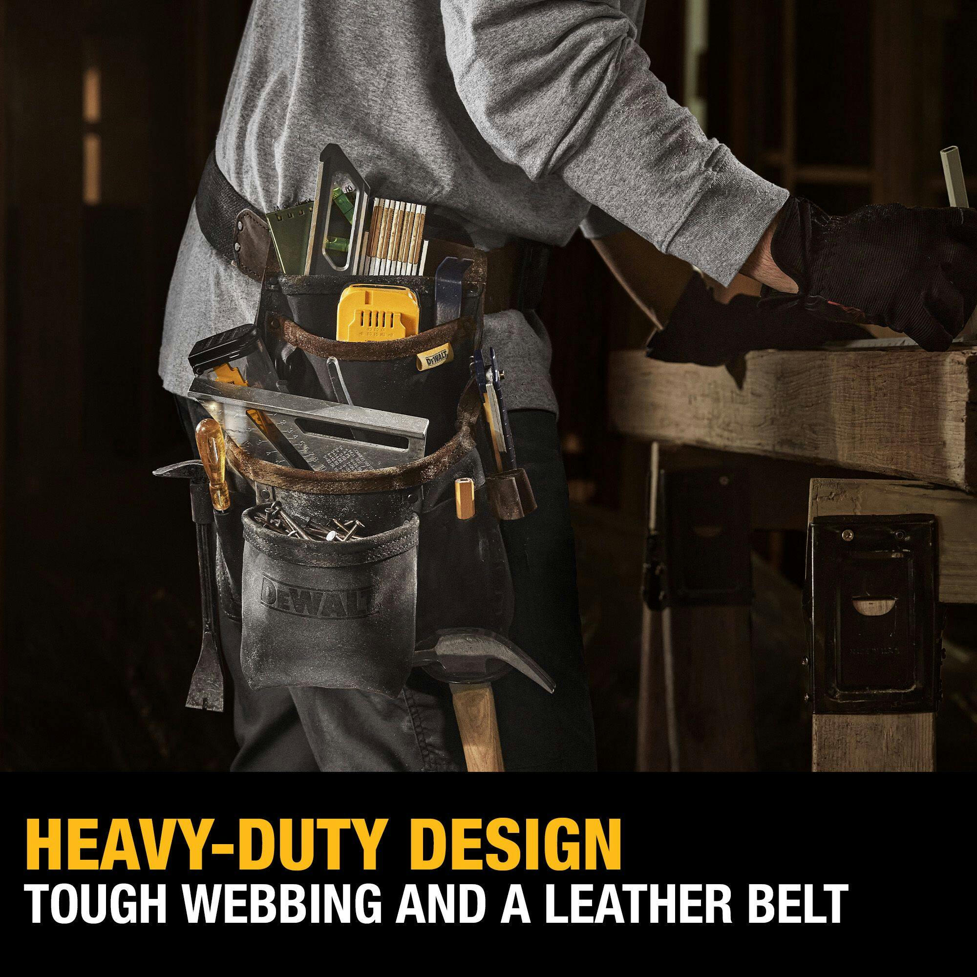 DEWALT Premium Nubuck Leather Adjustable  Tool Pouch with Belt, 12 Pockets, Black