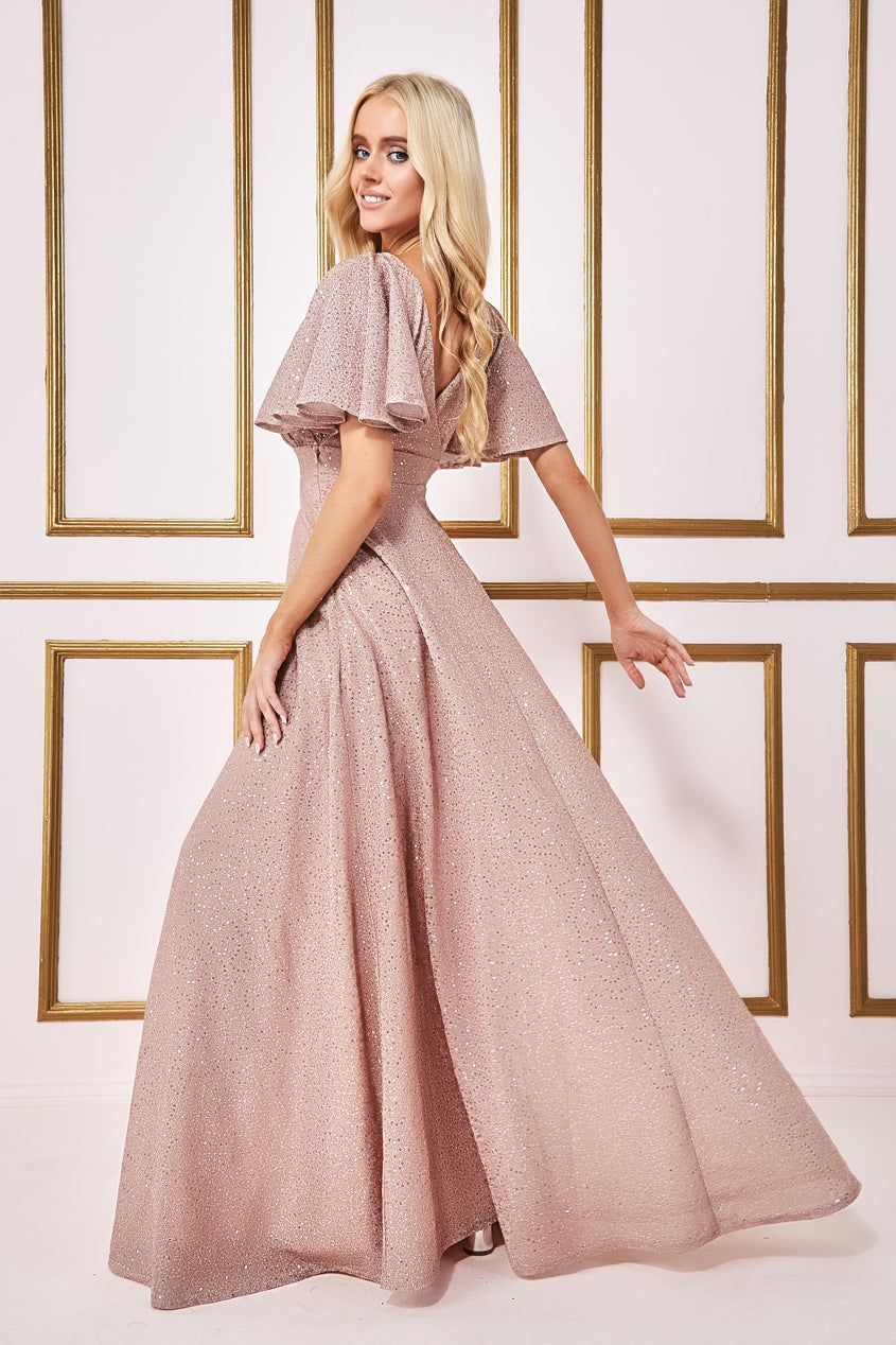 Goddiva Sequin Sparkling Flutter Sleeve Maxi Dress