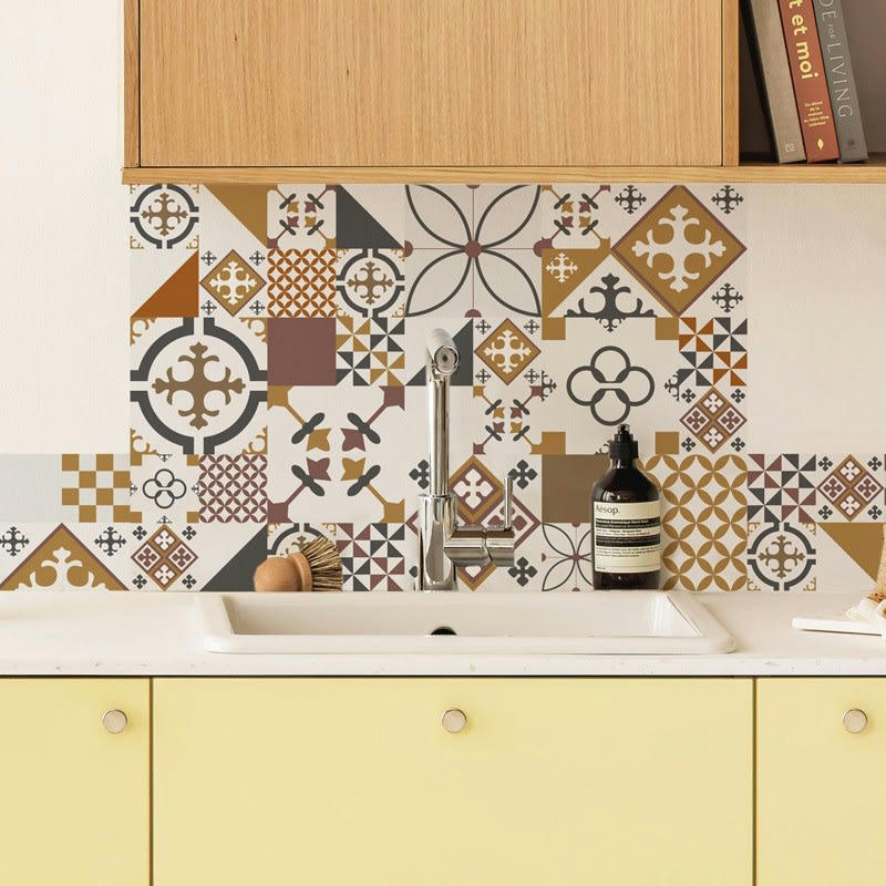 CIMENT STYLE PECAN - Crédence cuisine Fond de hotte ALU L90cmxH70cm Jaune Carreaux