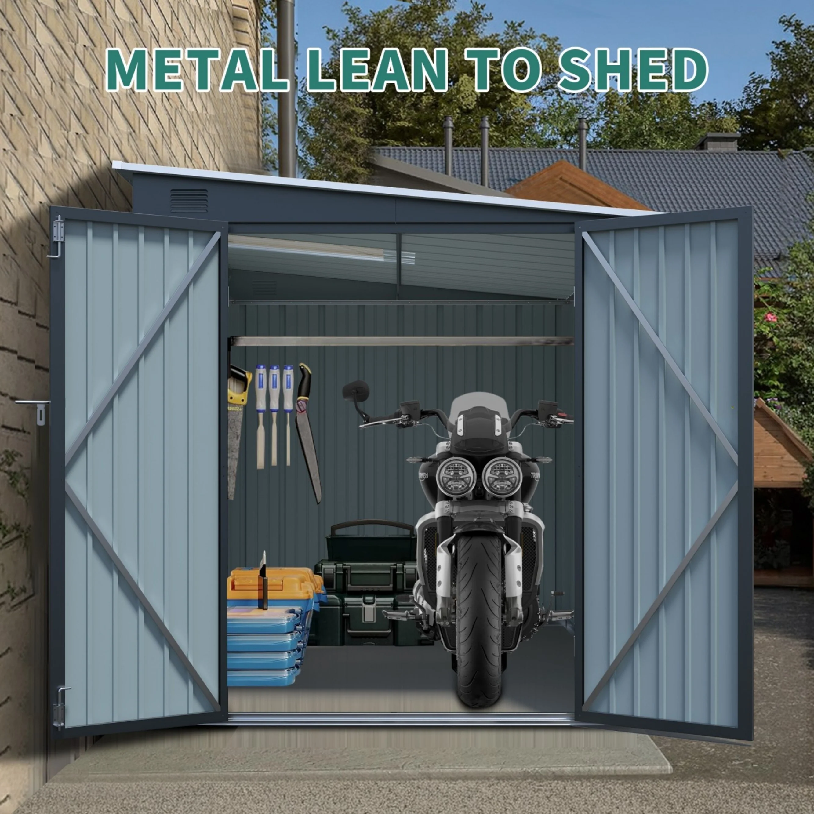 6x8FT Galvanized Steel Lean to Shed，Outdoor Storage Shed with Lockable Double Doors