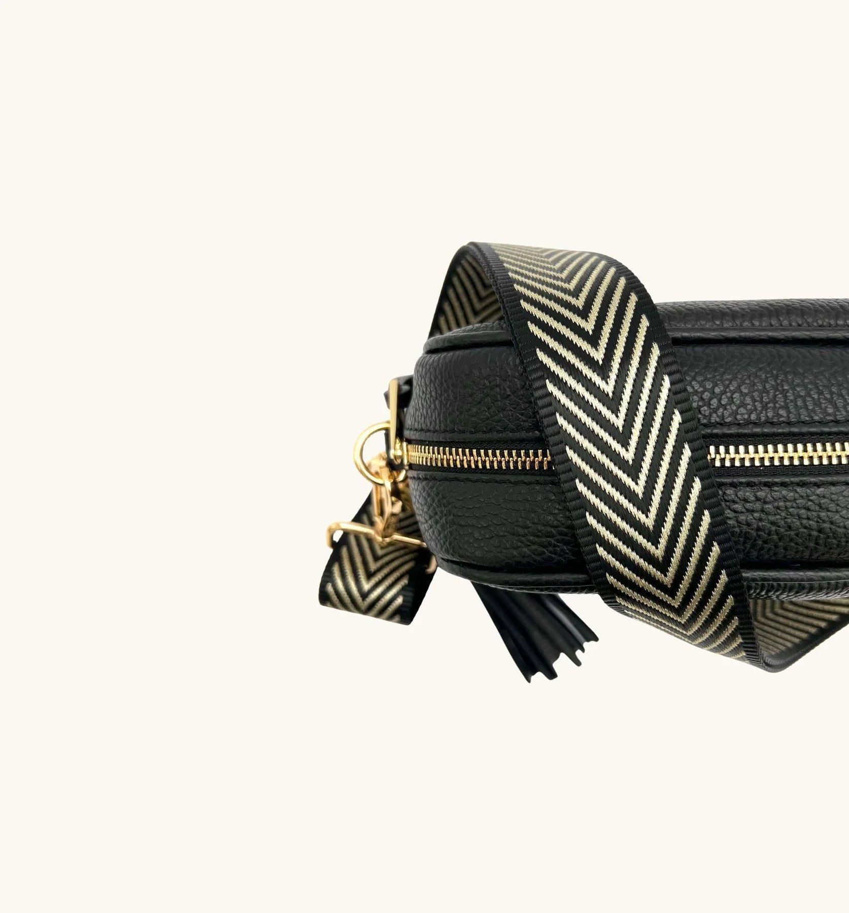 Apatchy London Black Leather Crossbody Bag With Black & Gold Chevron Strap