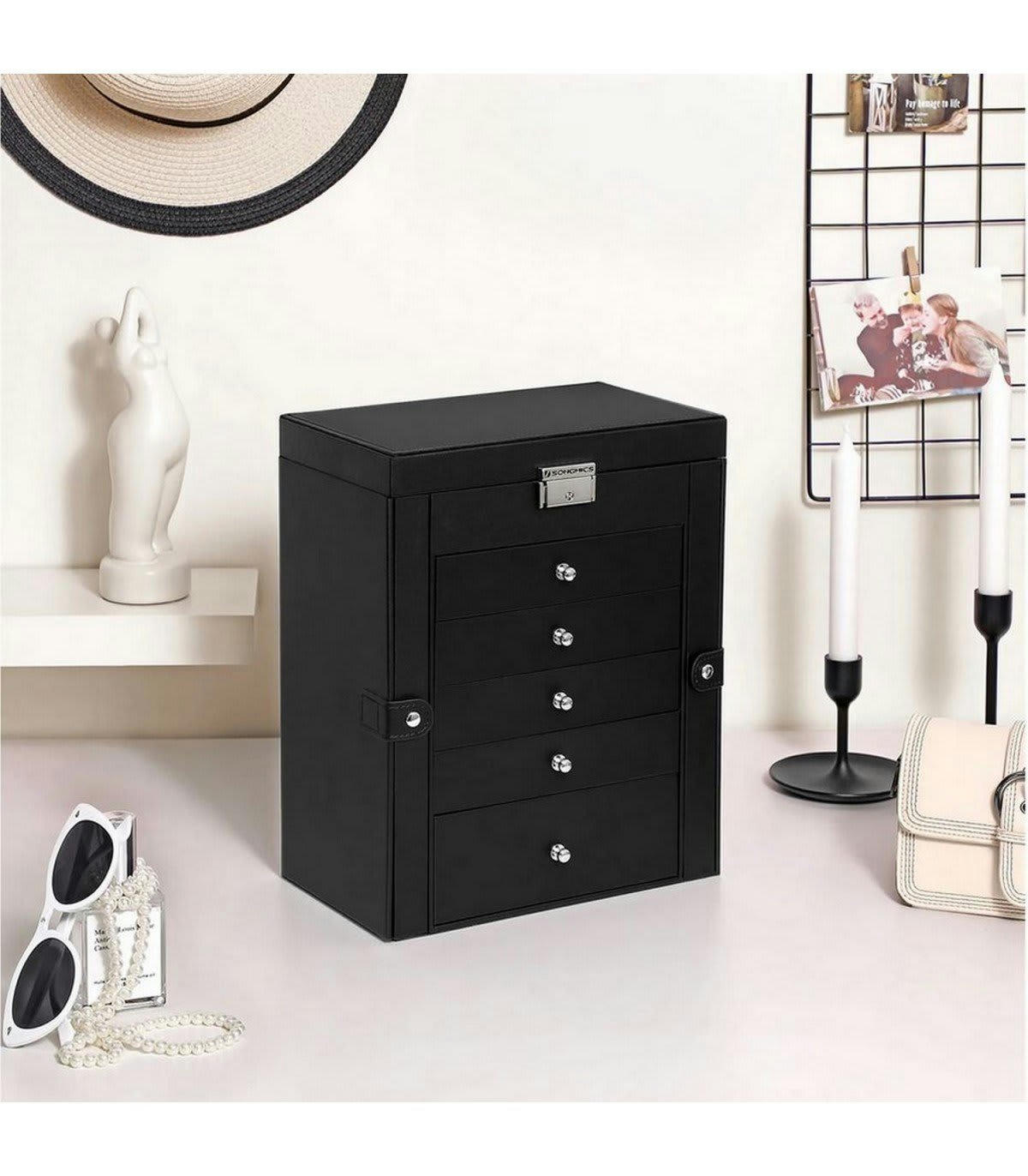 - Boîte à bijoux 2 tiroirs, 1 compartiment et 2 rabats avec rangements