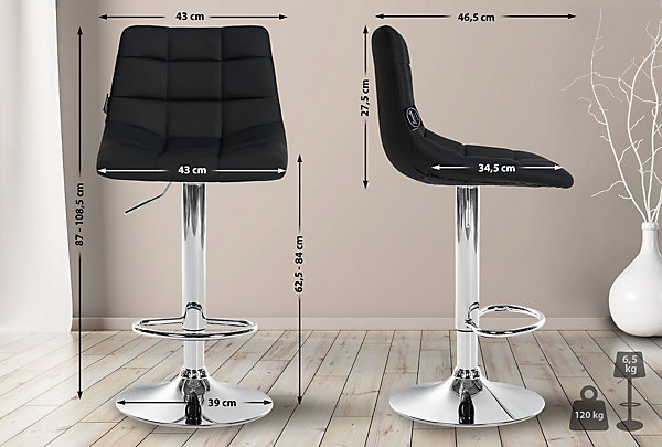 Chaise de bar Jerry similicuir, réglable en hauteur, pivotante à 360 avec dossier, cuisine bistrot Noir/Chrome