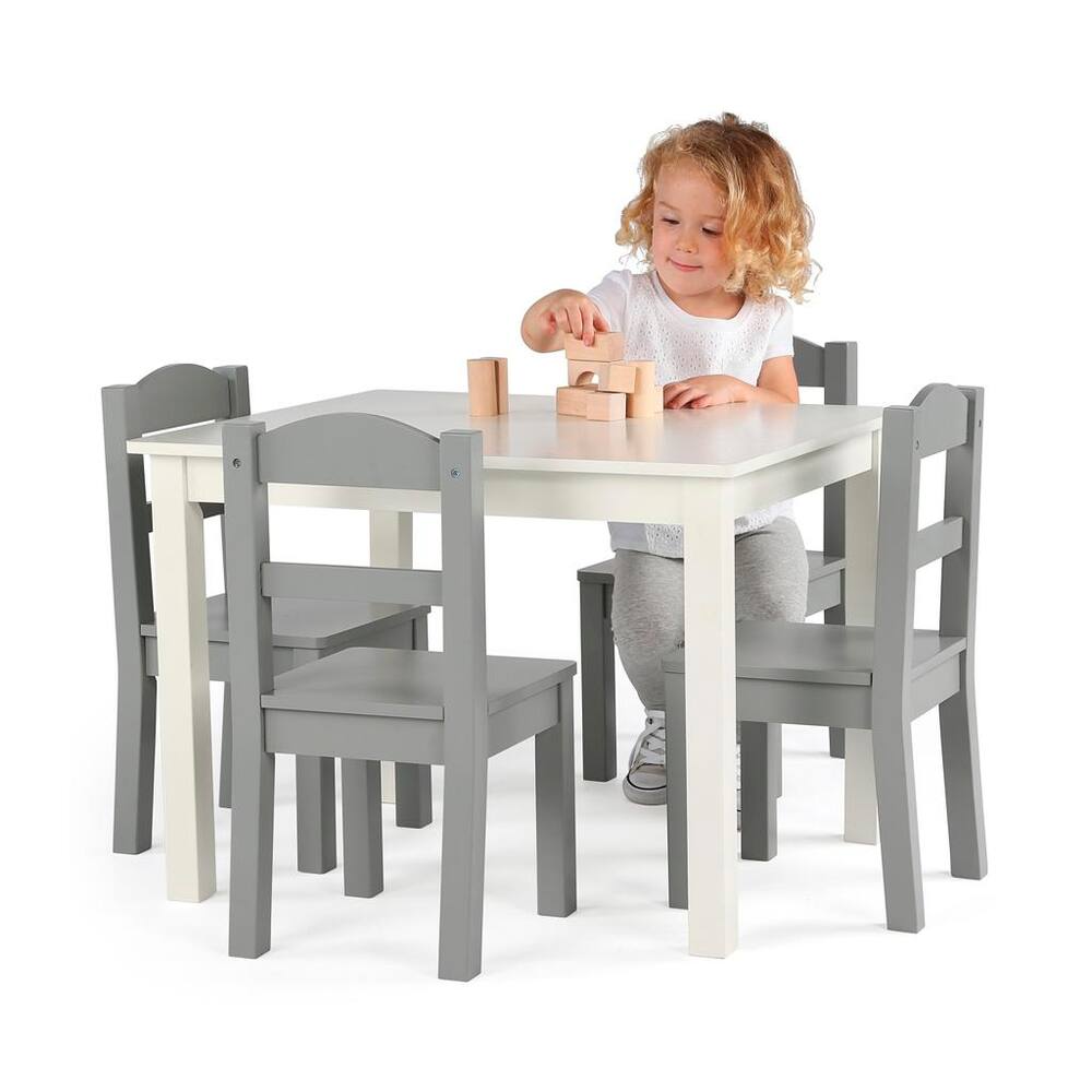 Humble Crew Kids' Wood Table & 4-Chair Set, Grey/White