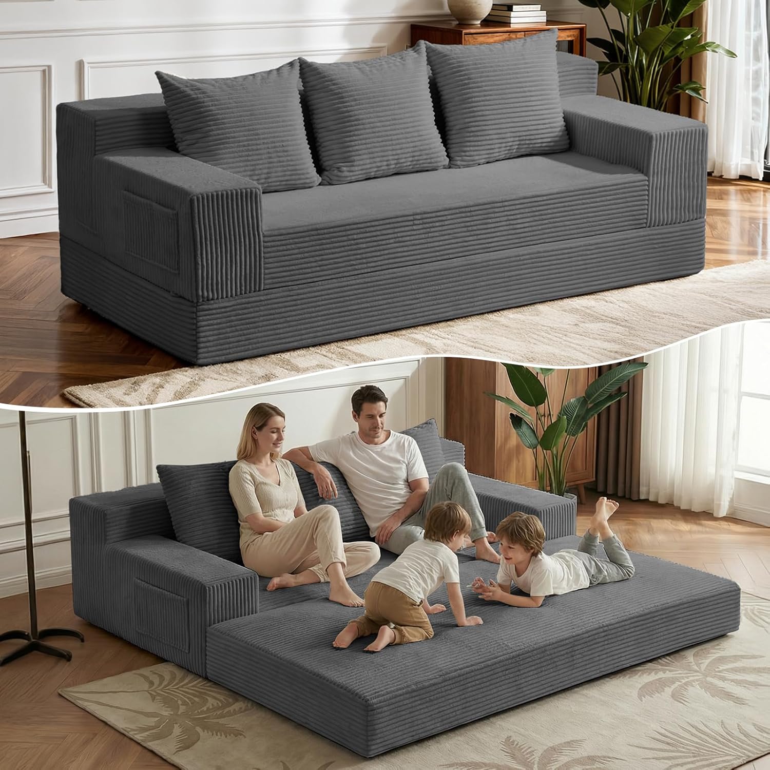 2 in 1 Convertible Boneless Couch Bed, Corduroy futon Sofa Bed, Compression Folding Floor Couch Sofas Bed with 3 Pillows for Bedroom, Small Space Guest and Living Room Sofa (Grey, 78 Inches)